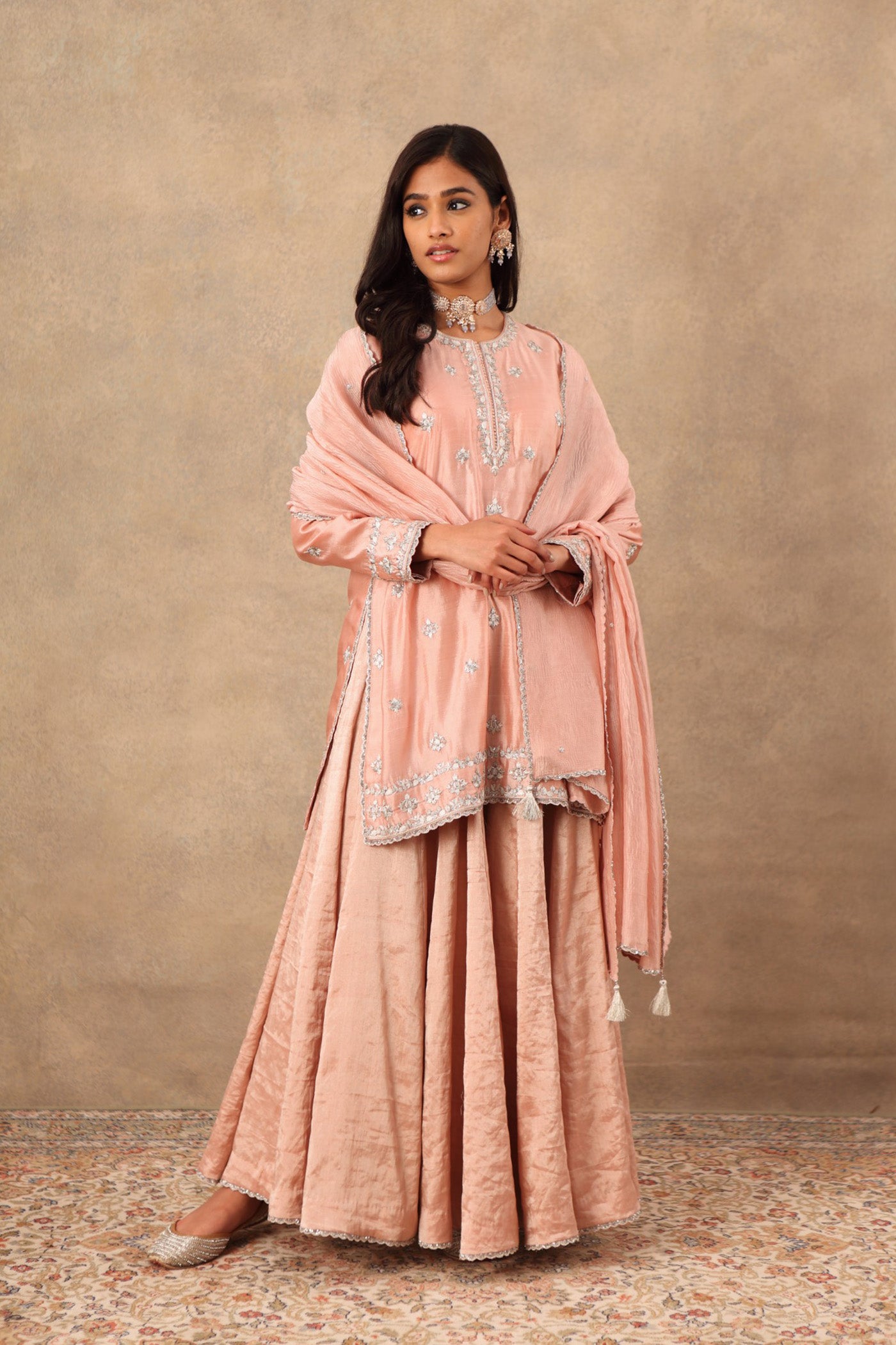 Hand Embroidered Baby Pink Pure Pattu Silk Short Kurta Sharara Set