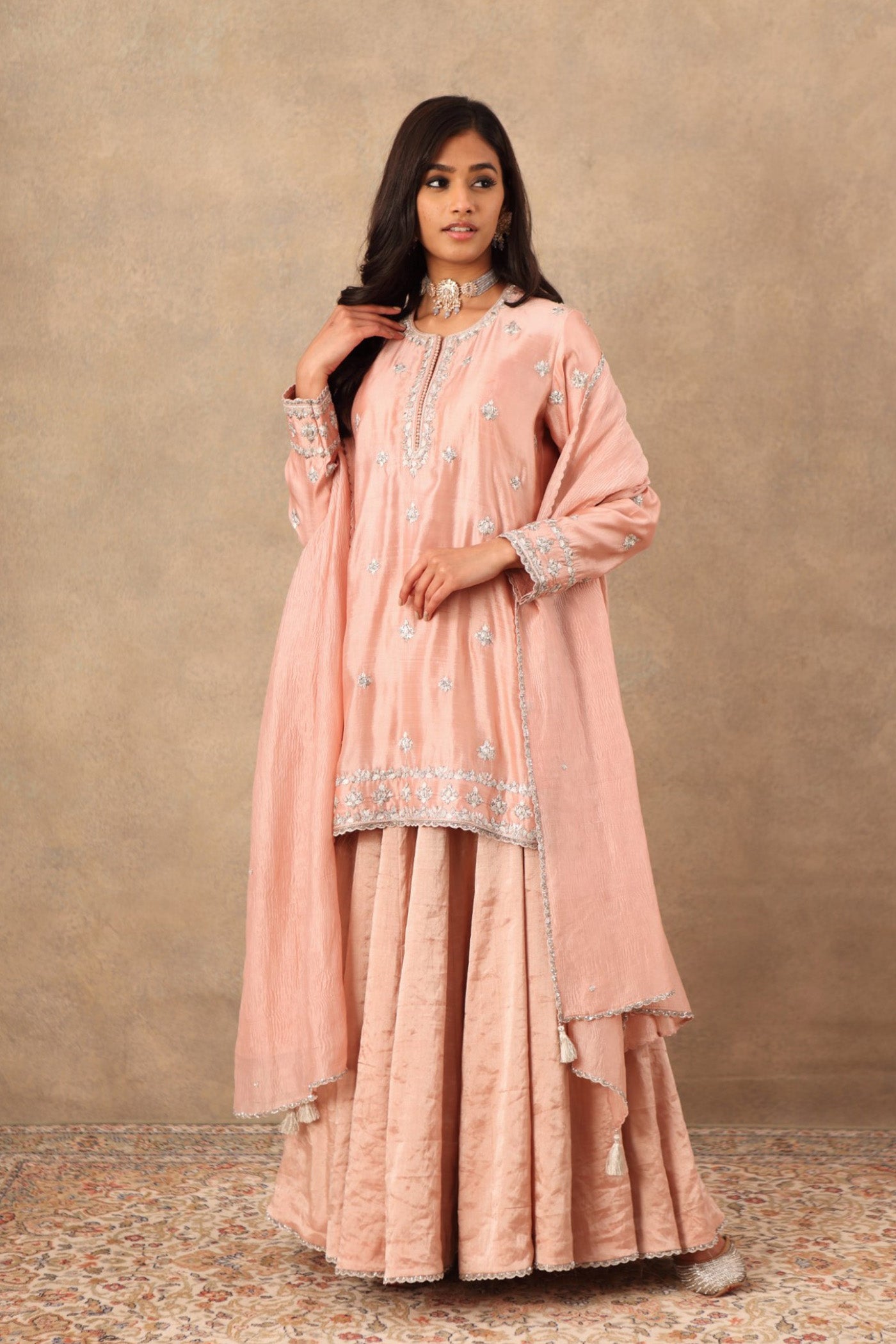 Hand Embroidered Baby Pink Pure Pattu Silk Short Kurta Sharara Set