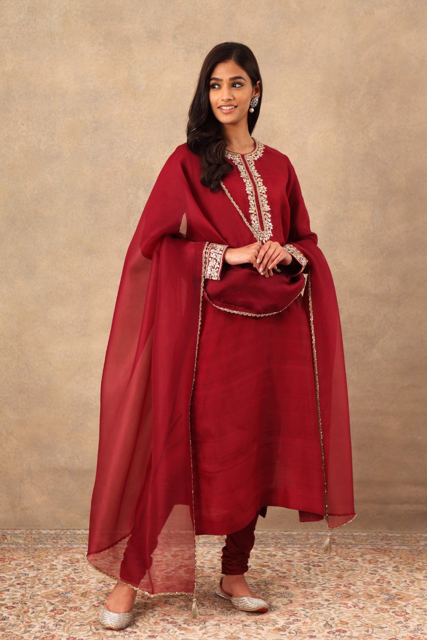 Hand Embroidered Wine Coloured Pure Katan Silk Kurta Churidaar Set