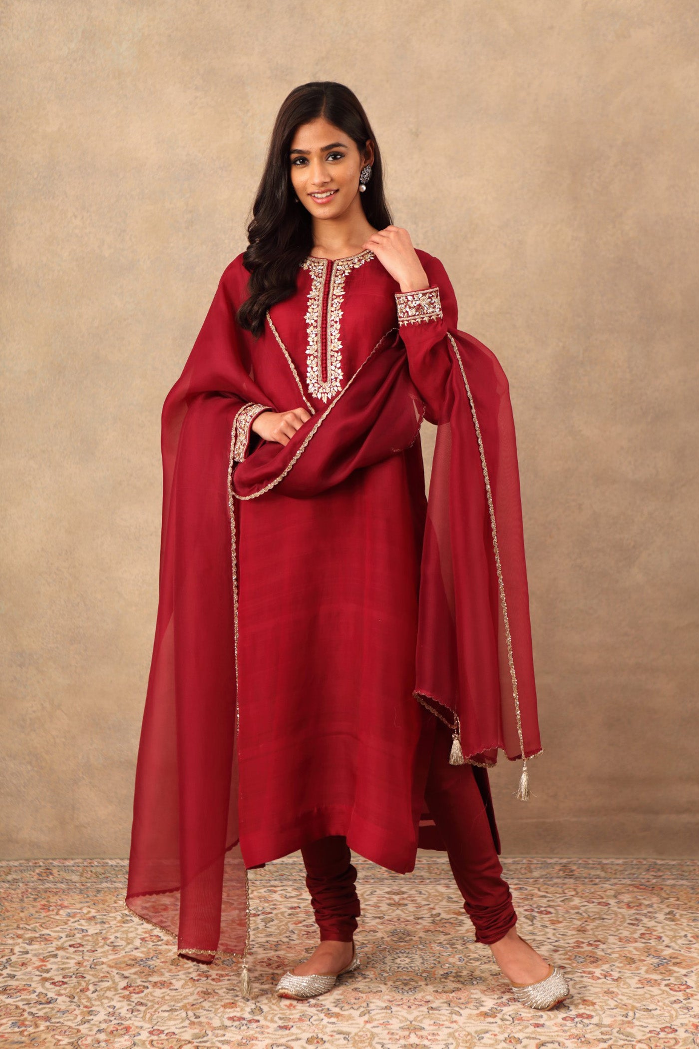 Hand Embroidered Wine Coloured Pure Katan Silk Kurta Churidaar Set