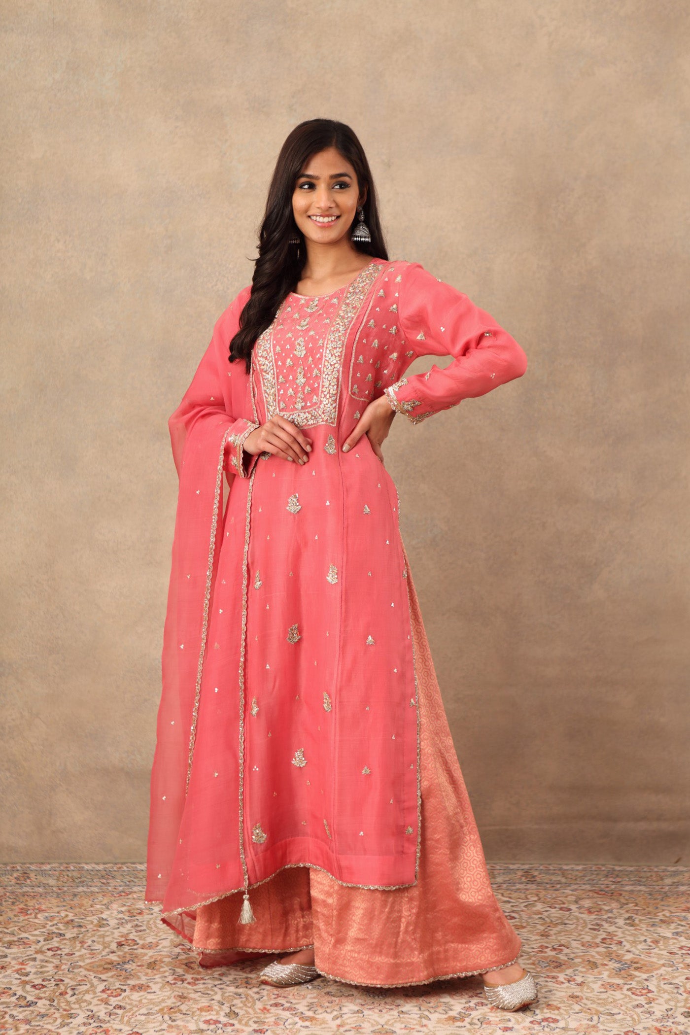 Hand Embroidered Honeysuckle Pink Pure Katan Silk Kurta Palazzo Set