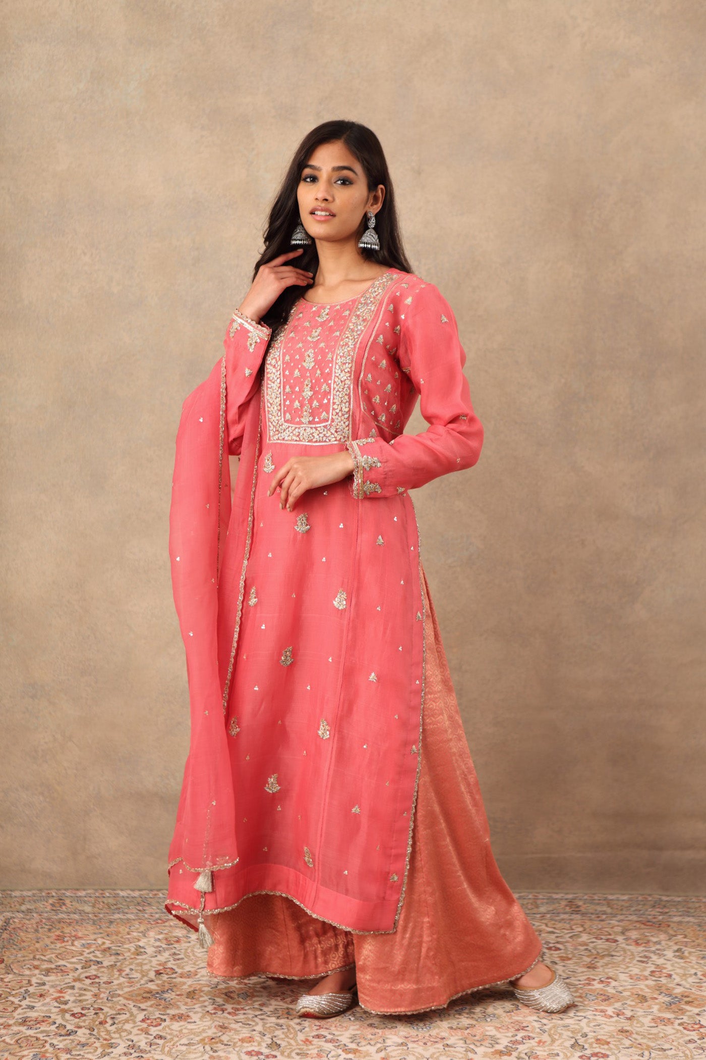 Hand Embroidered Honeysuckle Pink Pure Katan Silk Kurta Palazzo Set