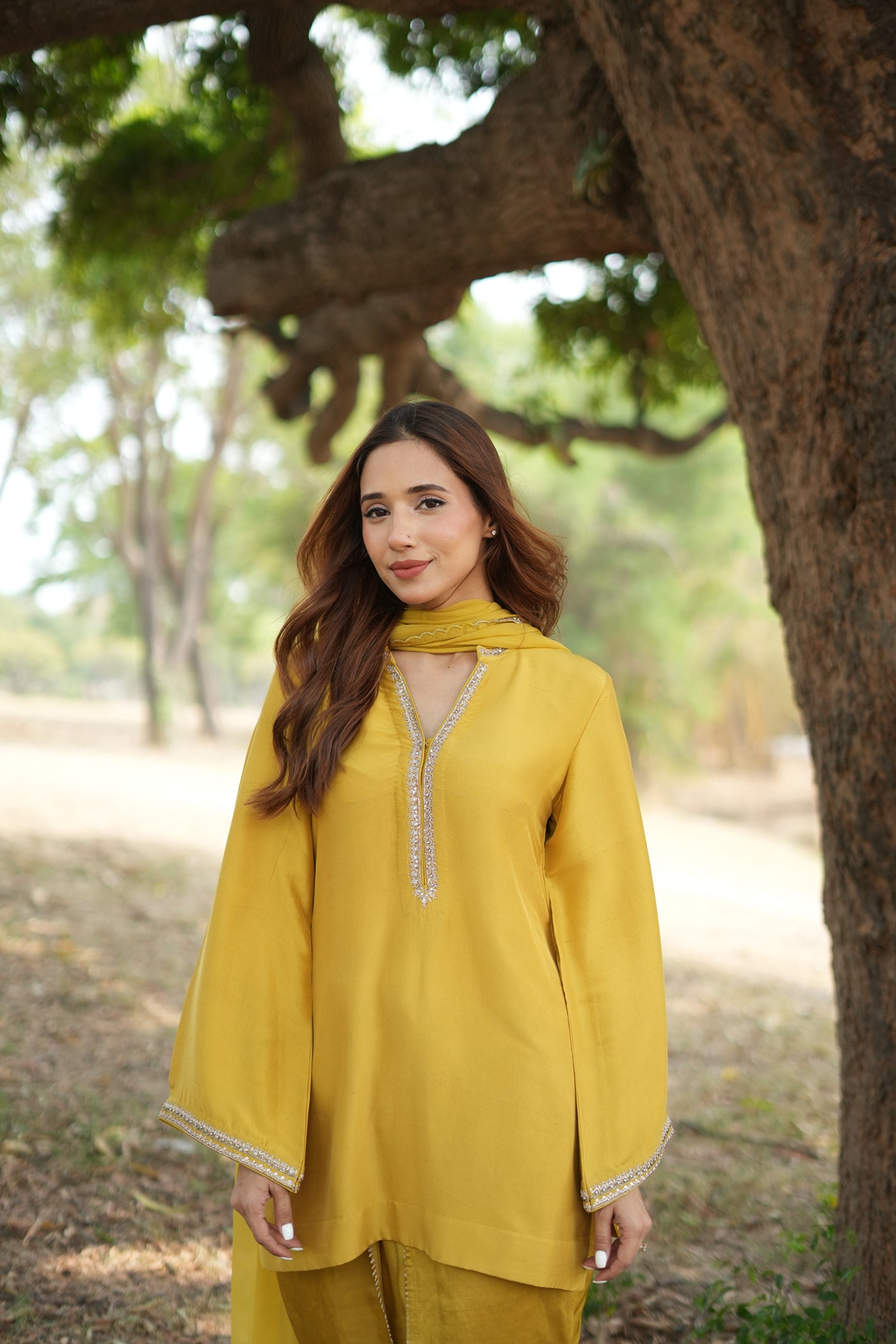 LIME-YELLOW HAND-EMBROIDERED PURE RAW-SILK SHORT KURTA-TULIP PANTS SET