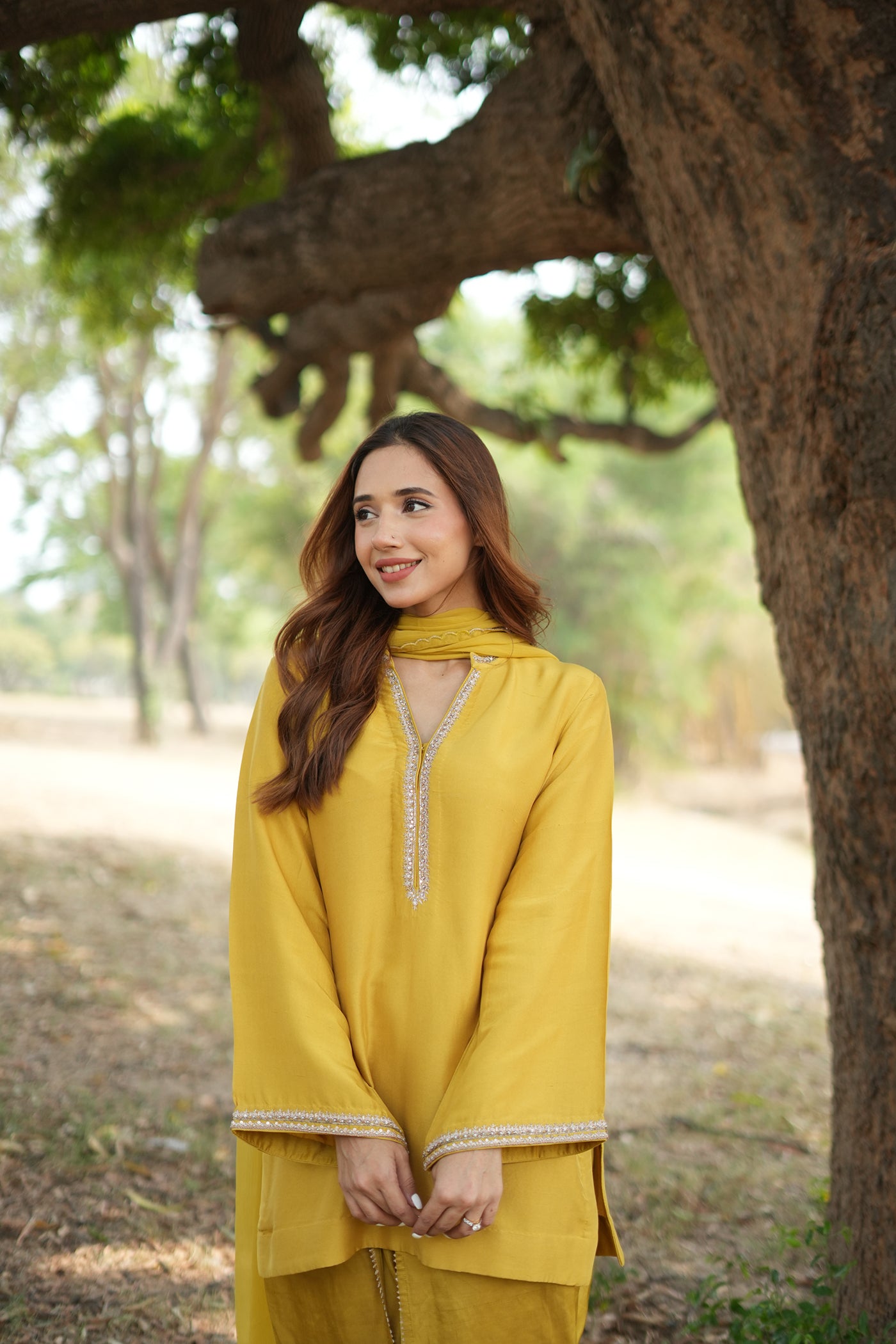 LIME-YELLOW HAND-EMBROIDERED PURE RAW-SILK SHORT KURTA-TULIP PANTS SET