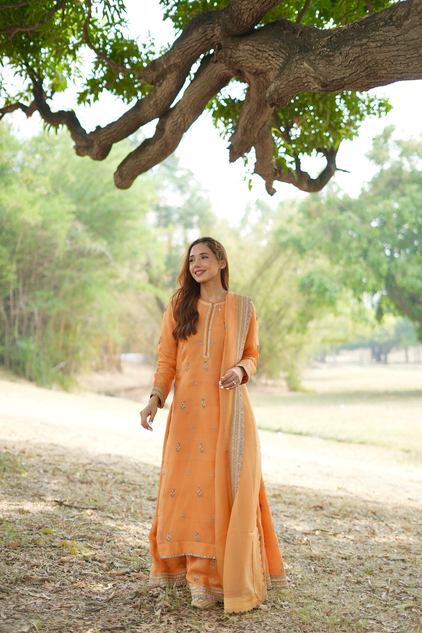 Hand Embroidered Carmine Pink Pure Katan Silk Long Kurta Sharara Set