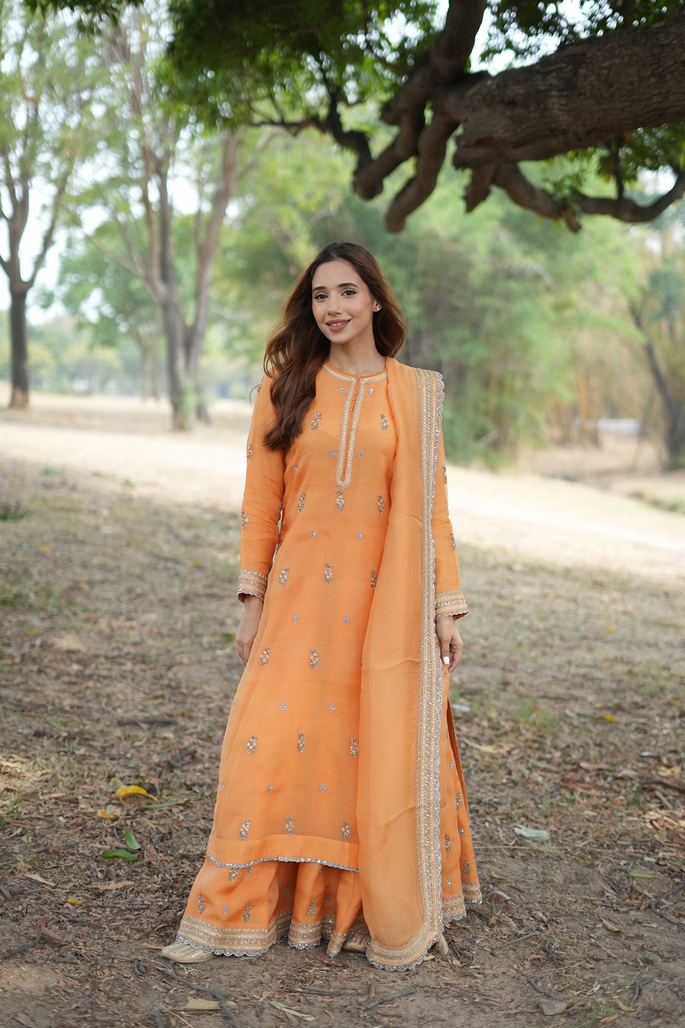 Hand Embroidered Carmine Pink Pure Katan Silk Long Kurta Sharara Set