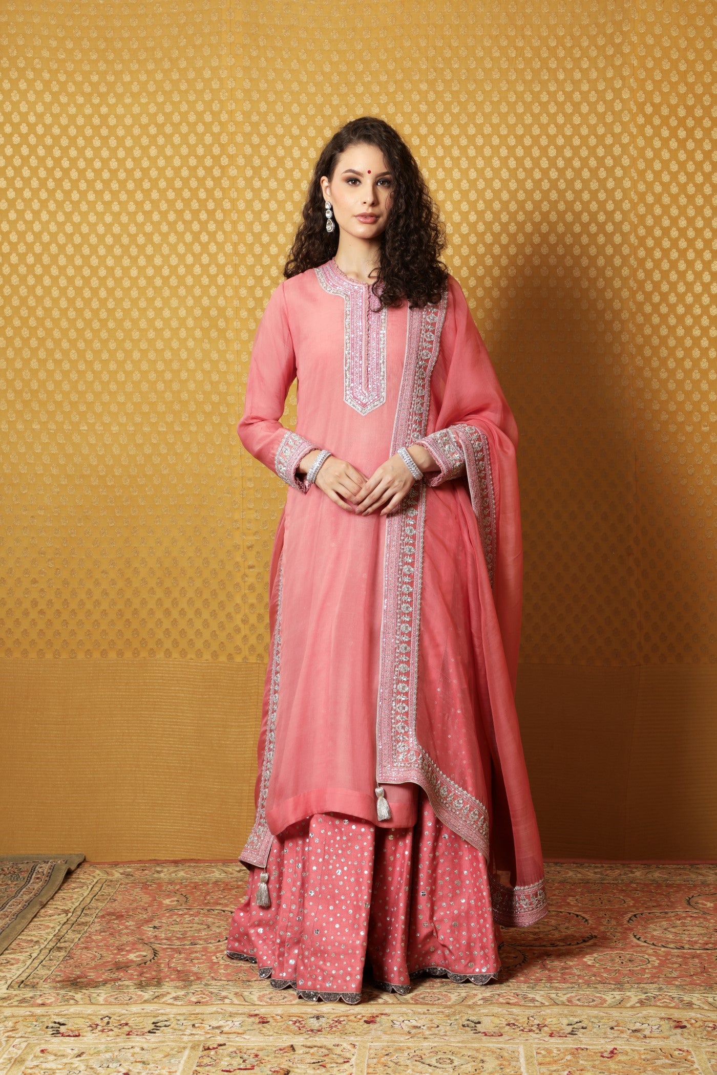 Hand-Embroidered Bubblegum-Pink Pure Katan-Silk Kurta Paired With Pure Matka- Silk Lehenga And Pure Katan-Silk Dupatta