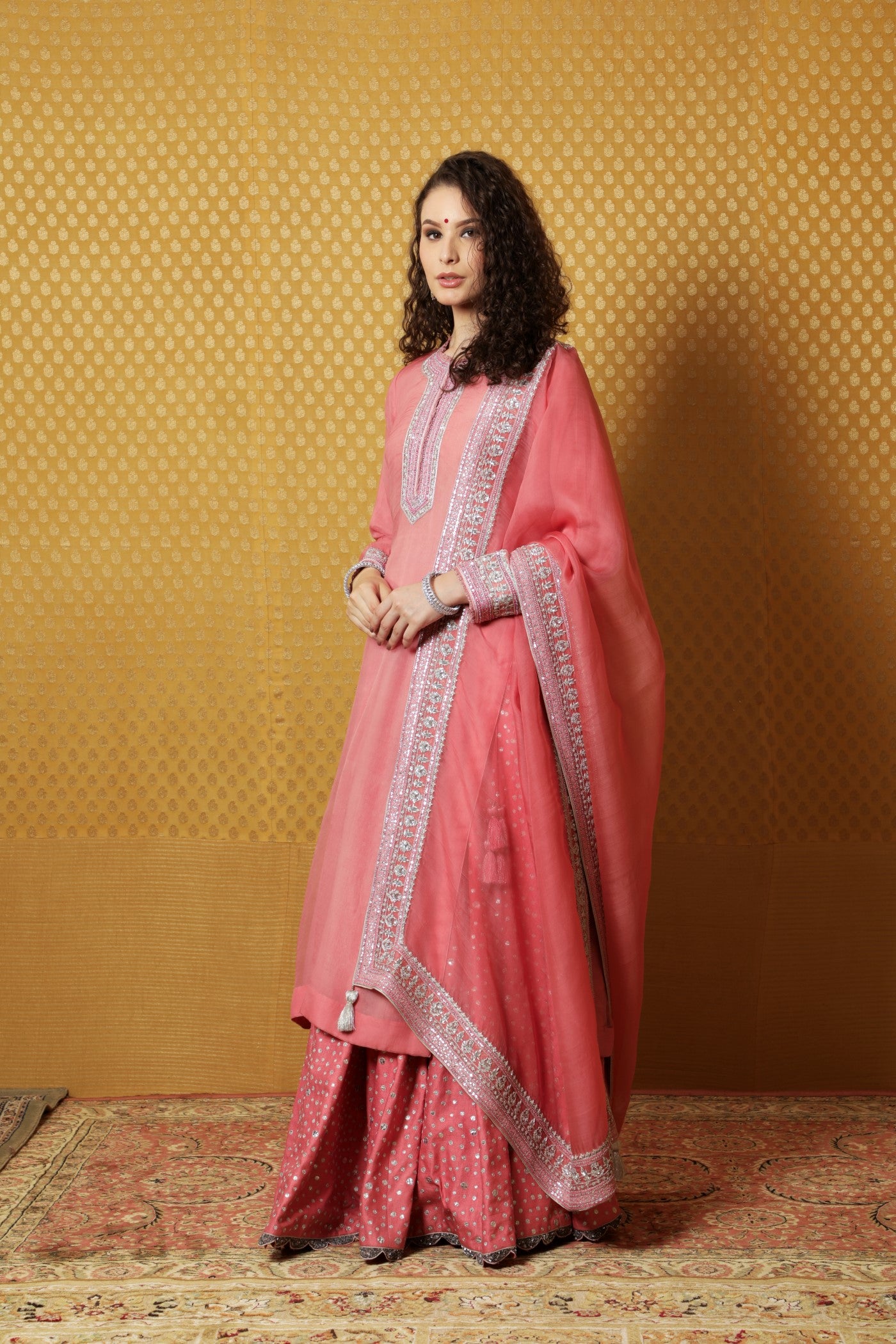 Hand-Embroidered Bubblegum-Pink Pure Katan-Silk Kurta Paired With Pure Matka- Silk Lehenga And Pure Katan-Silk Dupatta