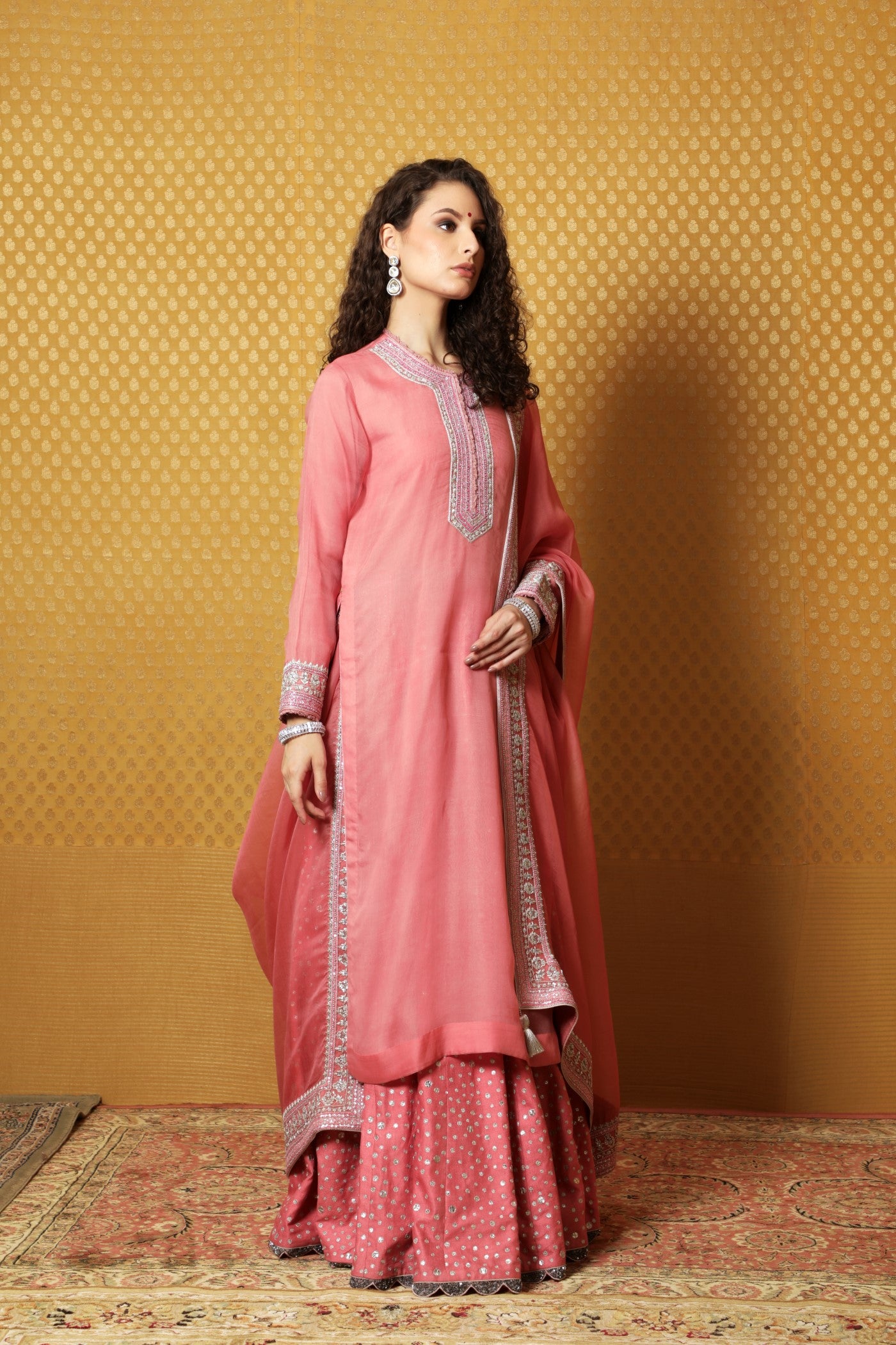 Hand-Embroidered Bubblegum-Pink Pure Katan-Silk Kurta Paired With Pure Matka- Silk Lehenga And Pure Katan-Silk Dupatta