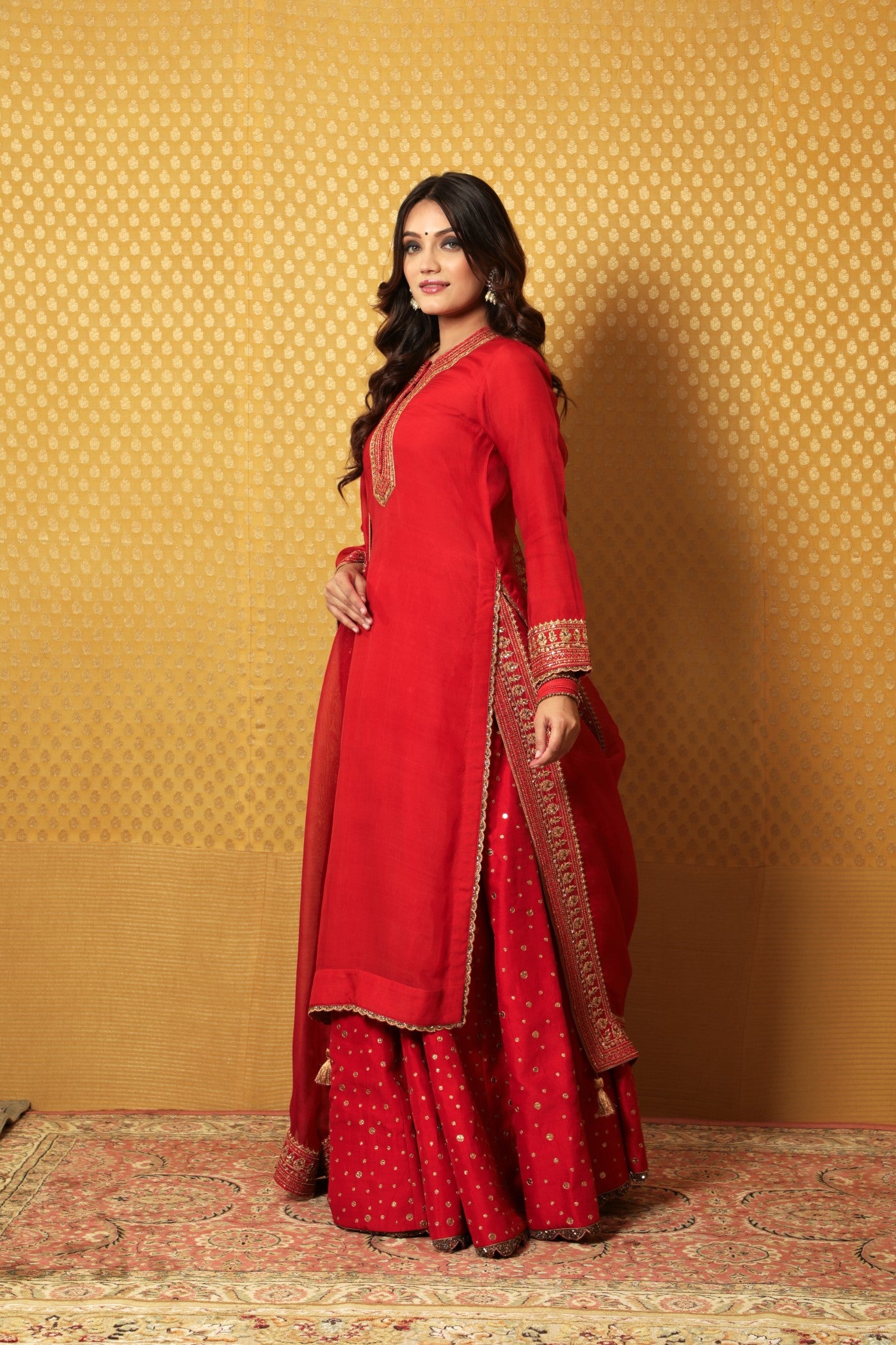 Hand-Embroidered Red Pure Katan-Silk Kurta Paired With Pure Matka-Silk Lehenga And Pure Katan-Silk Dupatta