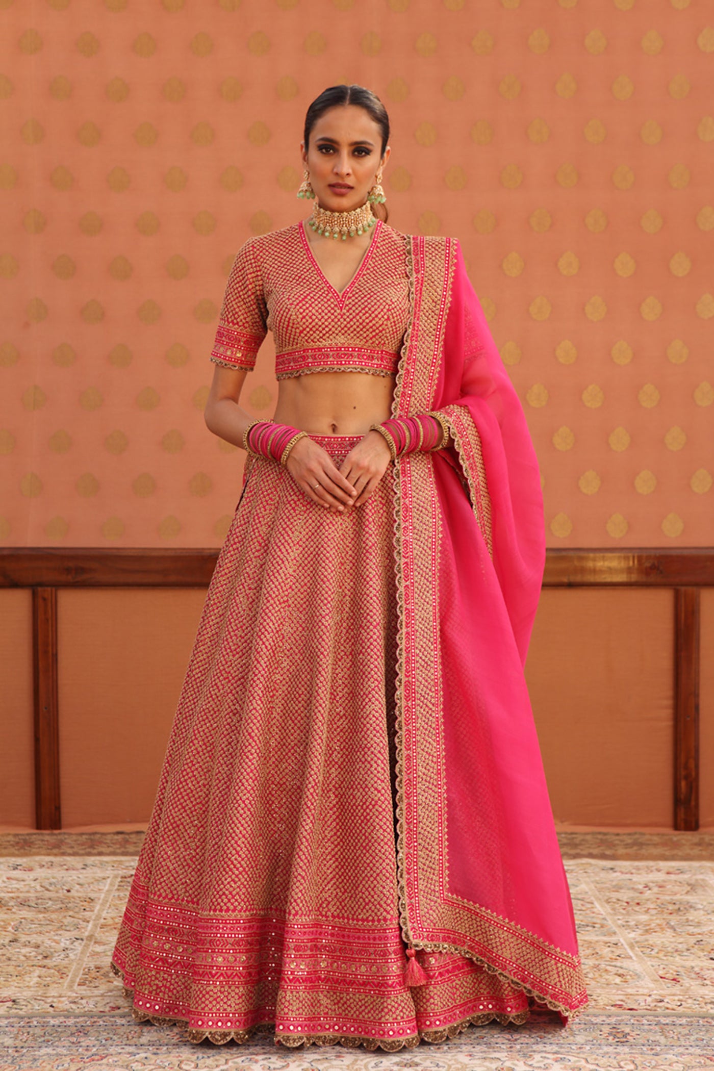 Hand-Embroidered Carmine-Pink Pure Silk-Organza Lehenga-Set