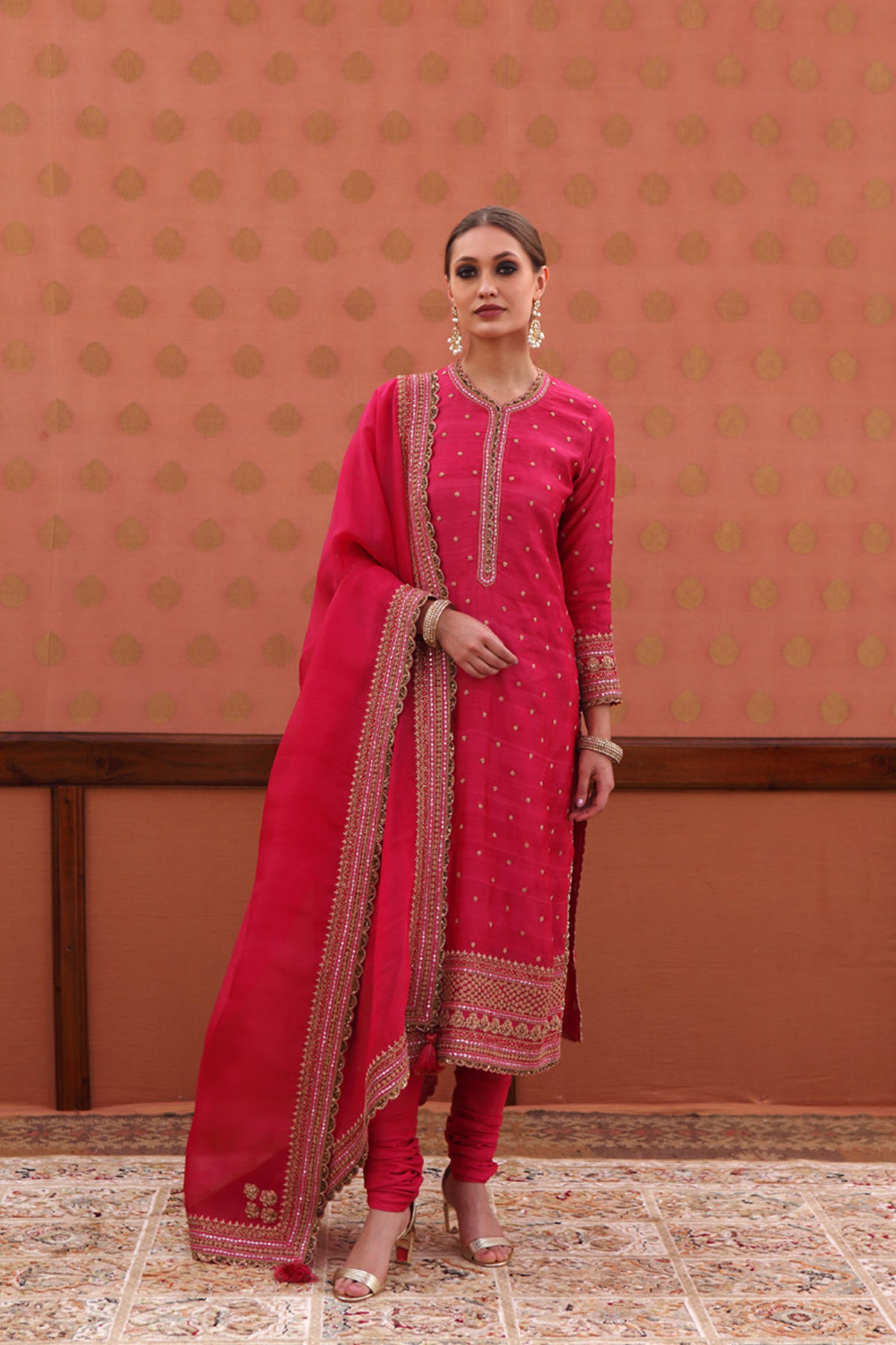 Hand-Embroidered Fuschia-Rose Pink Pure Tussar-Georgette Kurta-Churidaar Set