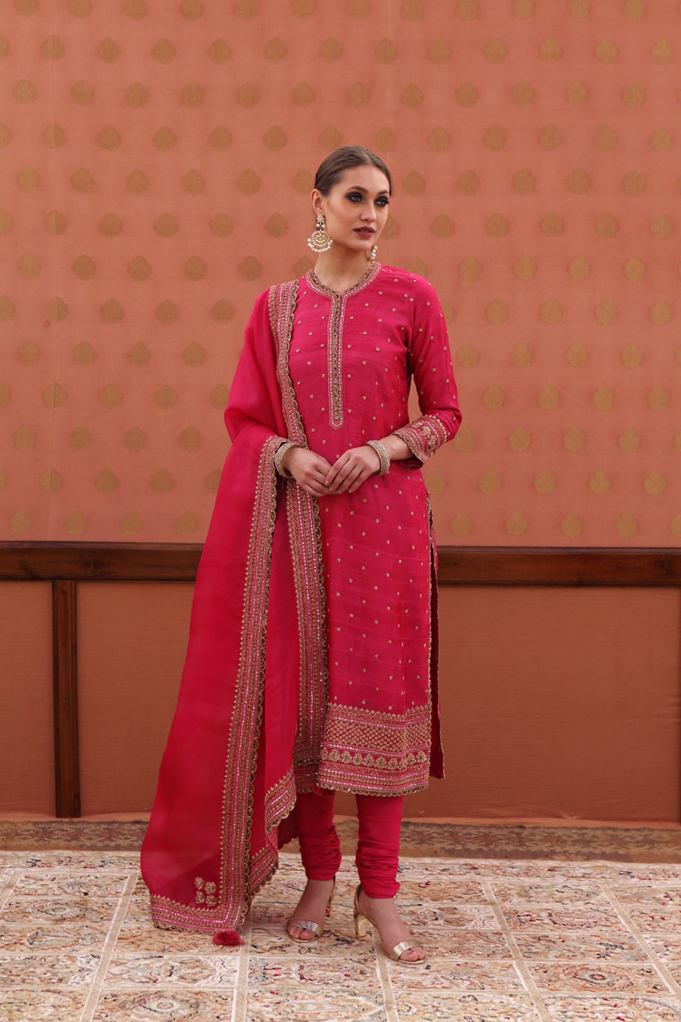 Hand-Embroidered Fuschia-Rose Pink Pure Tussar-Georgette Kurta-Churidaar Set