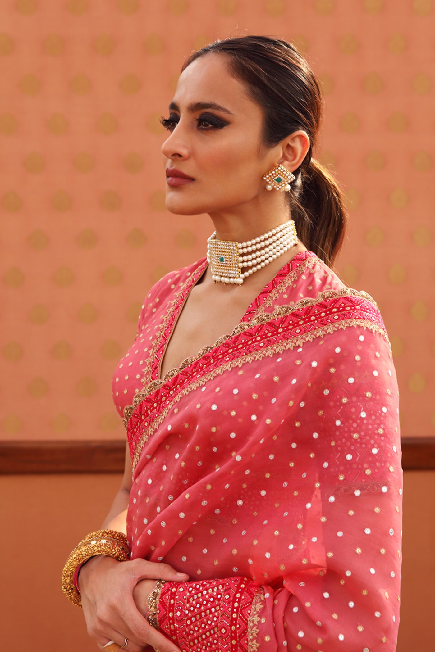 Hand-Embroidered Desert Rose-Pink Pure Silk-Organza Saree-Blouse Set