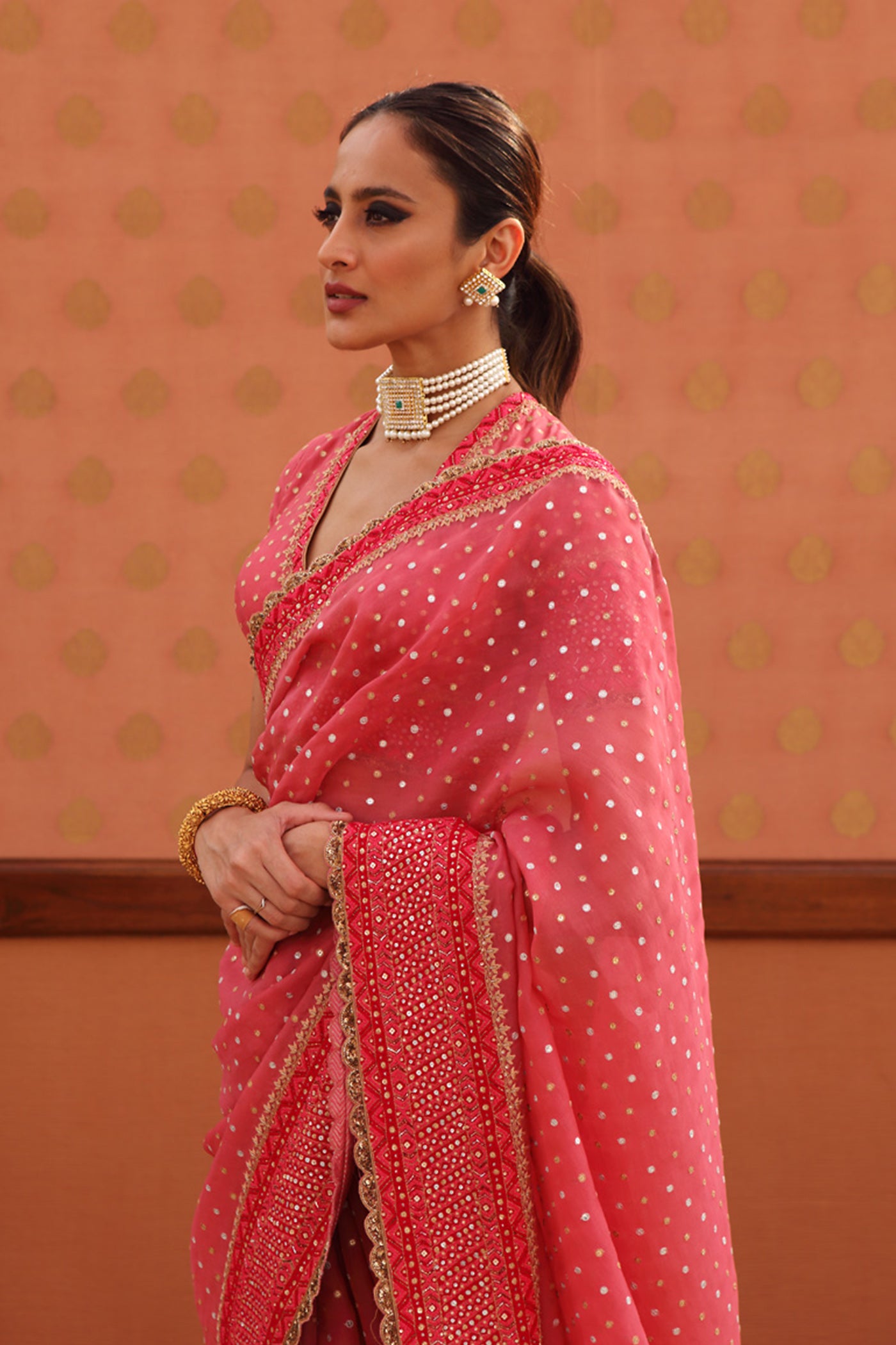 Hand-Embroidered Desert Rose-Pink Pure Silk-Organza Saree-Blouse Set