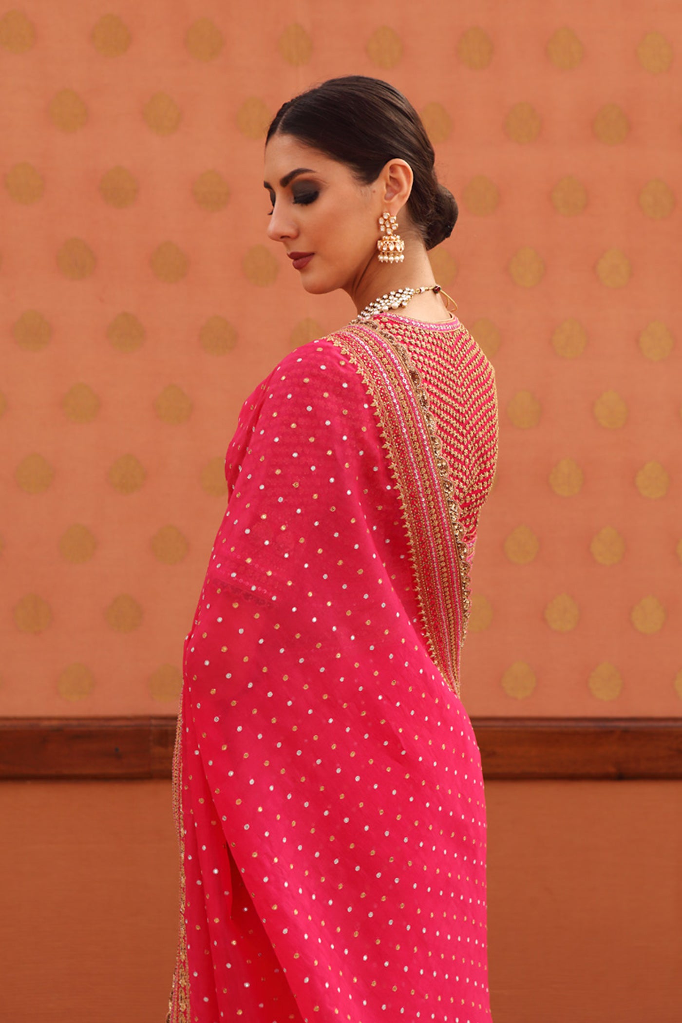 Hand-Embroidered Pink Flambe Pure Silk-Organza Saree-Blouse Set