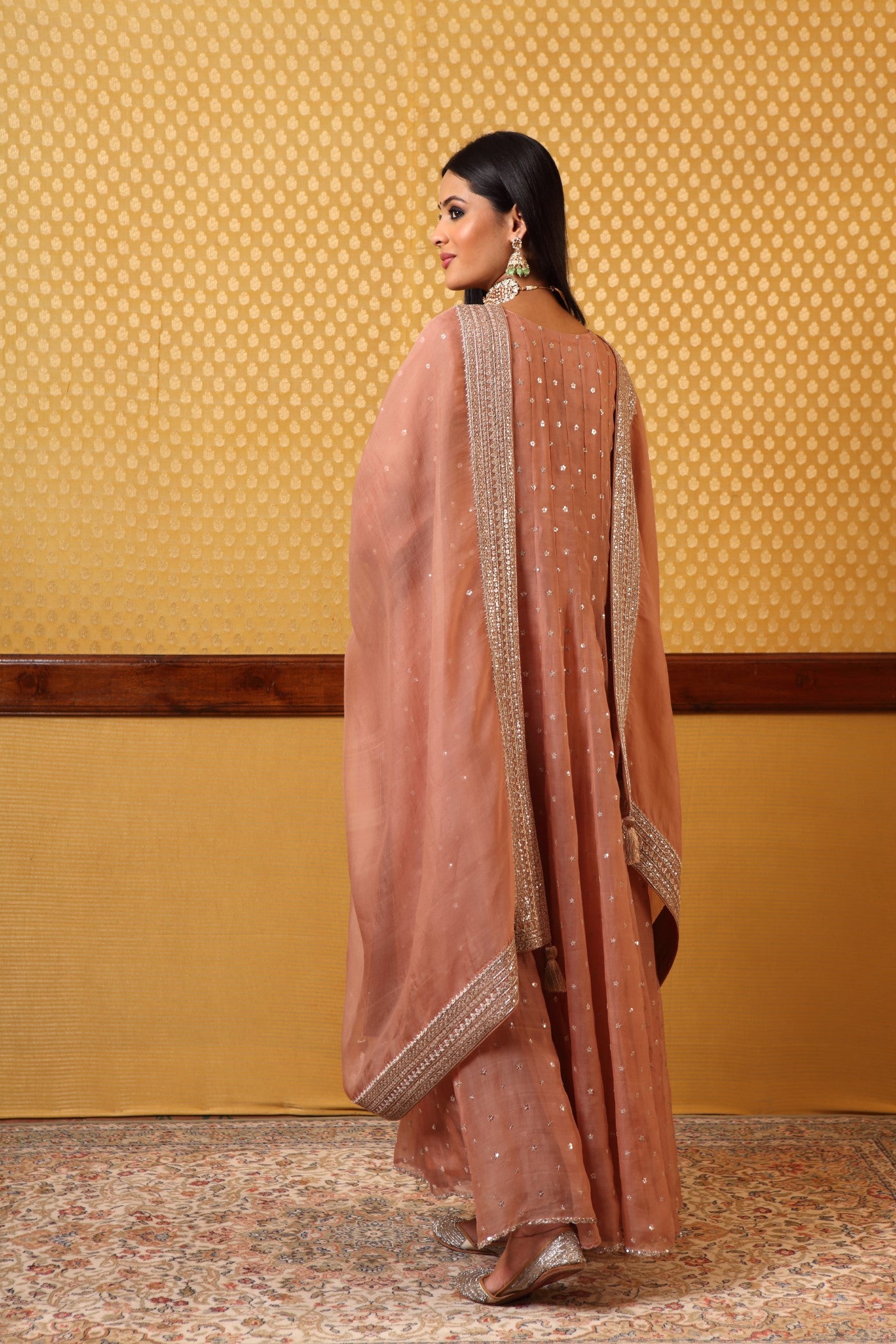 Handembroidered Rosebrown Pure Katansilk Anarkalichuridaar Set