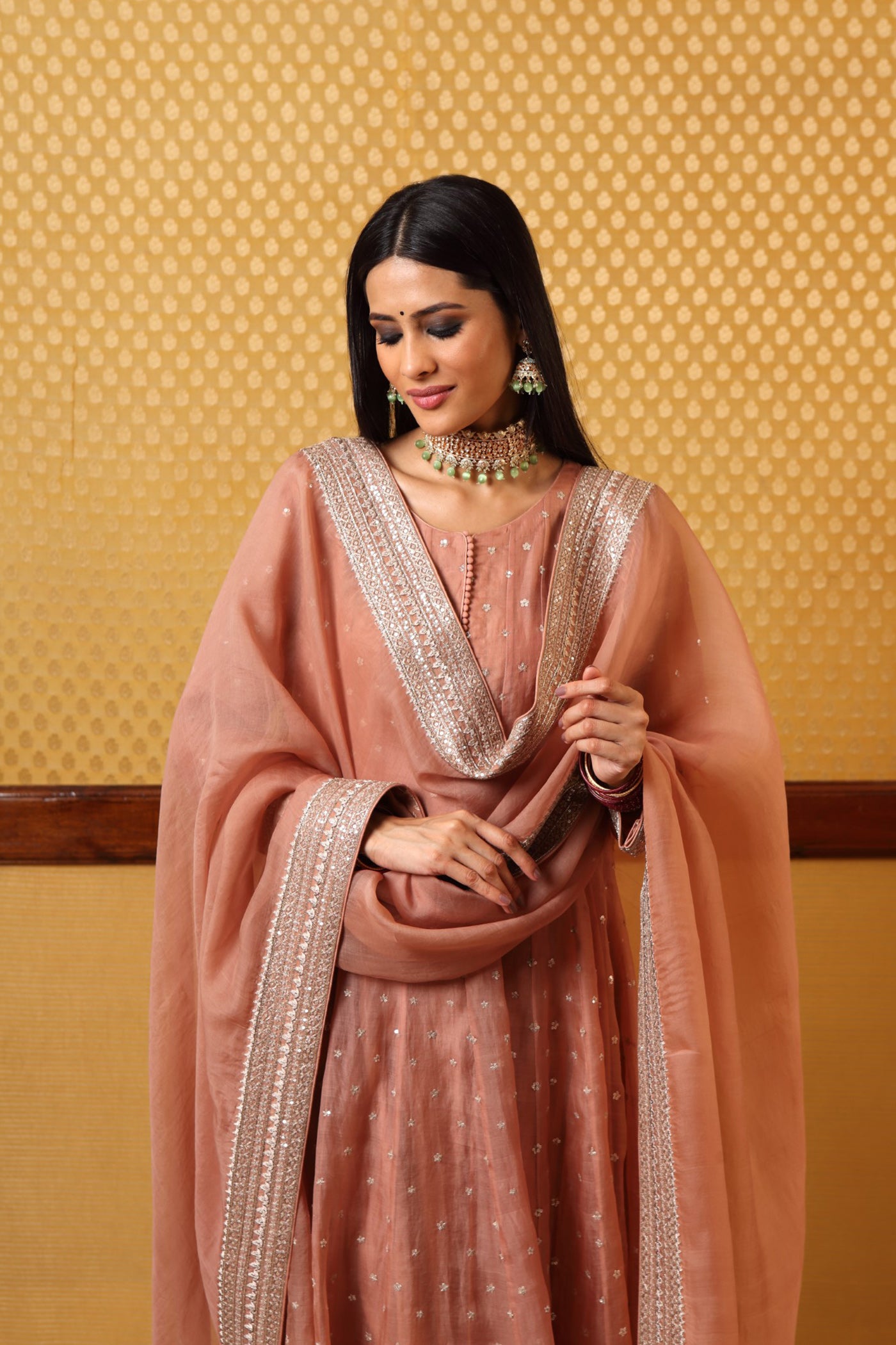Handembroidered Rosebrown Pure Katansilk Anarkalichuridaar Set