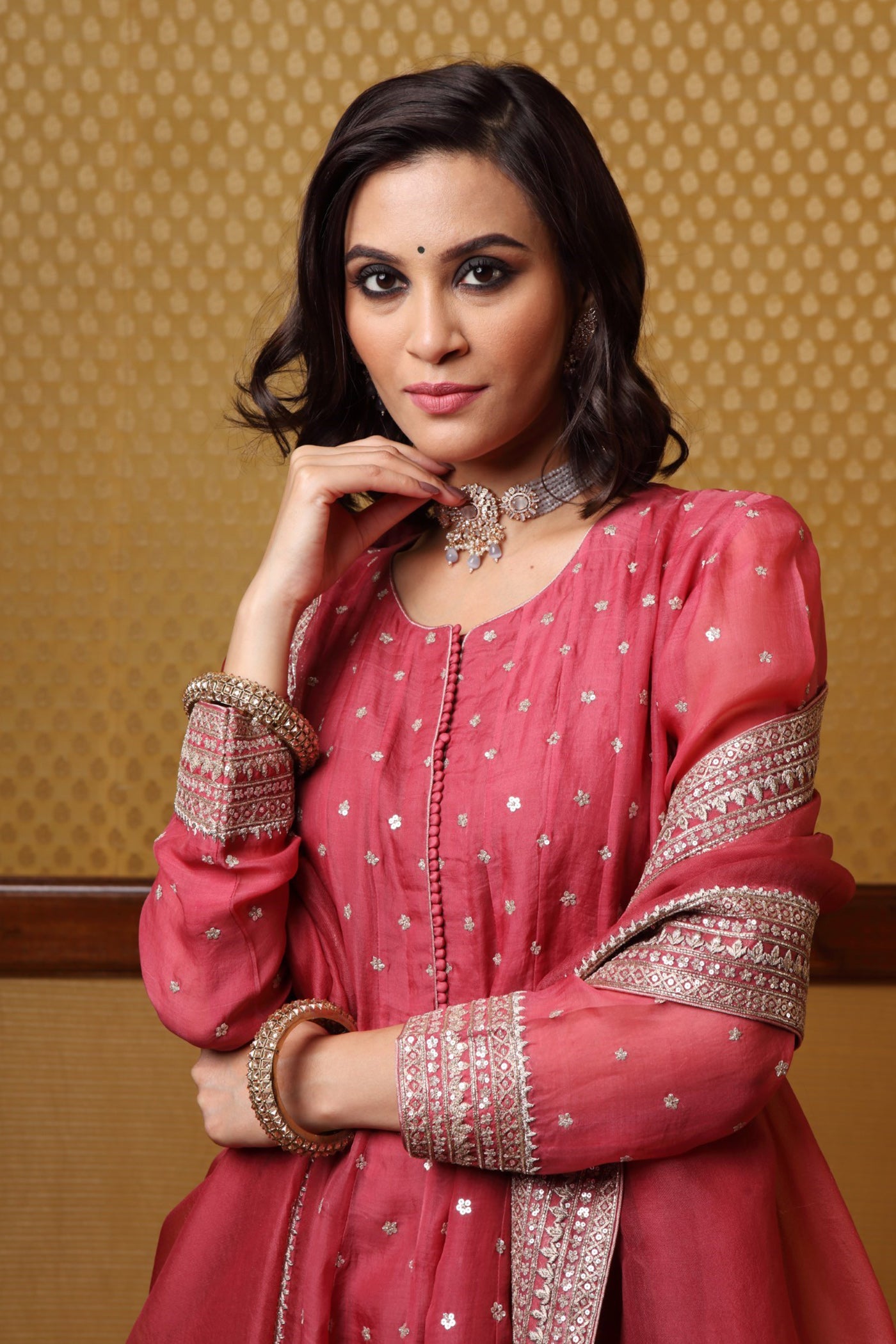 Handembroidered Dustytea Rose Pure Katansilk Anarkalichuridaar Set