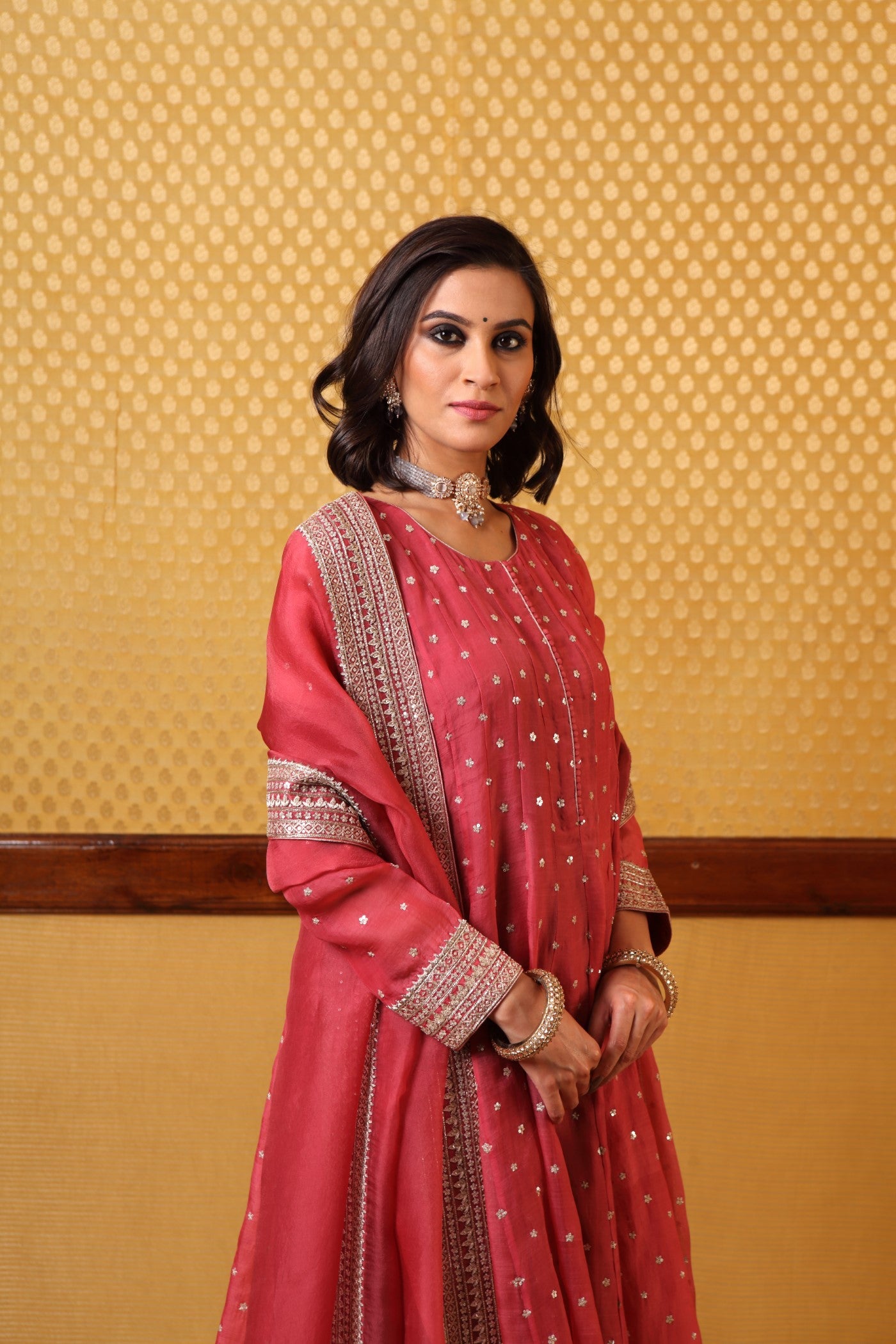 Handembroidered Dustytea Rose Pure Katansilk Anarkalichuridaar Set