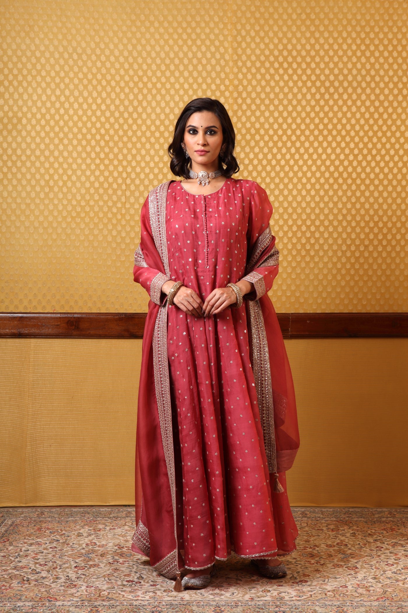 Handembroidered Dustytea Rose Pure Katansilk Anarkalichuridaar Set