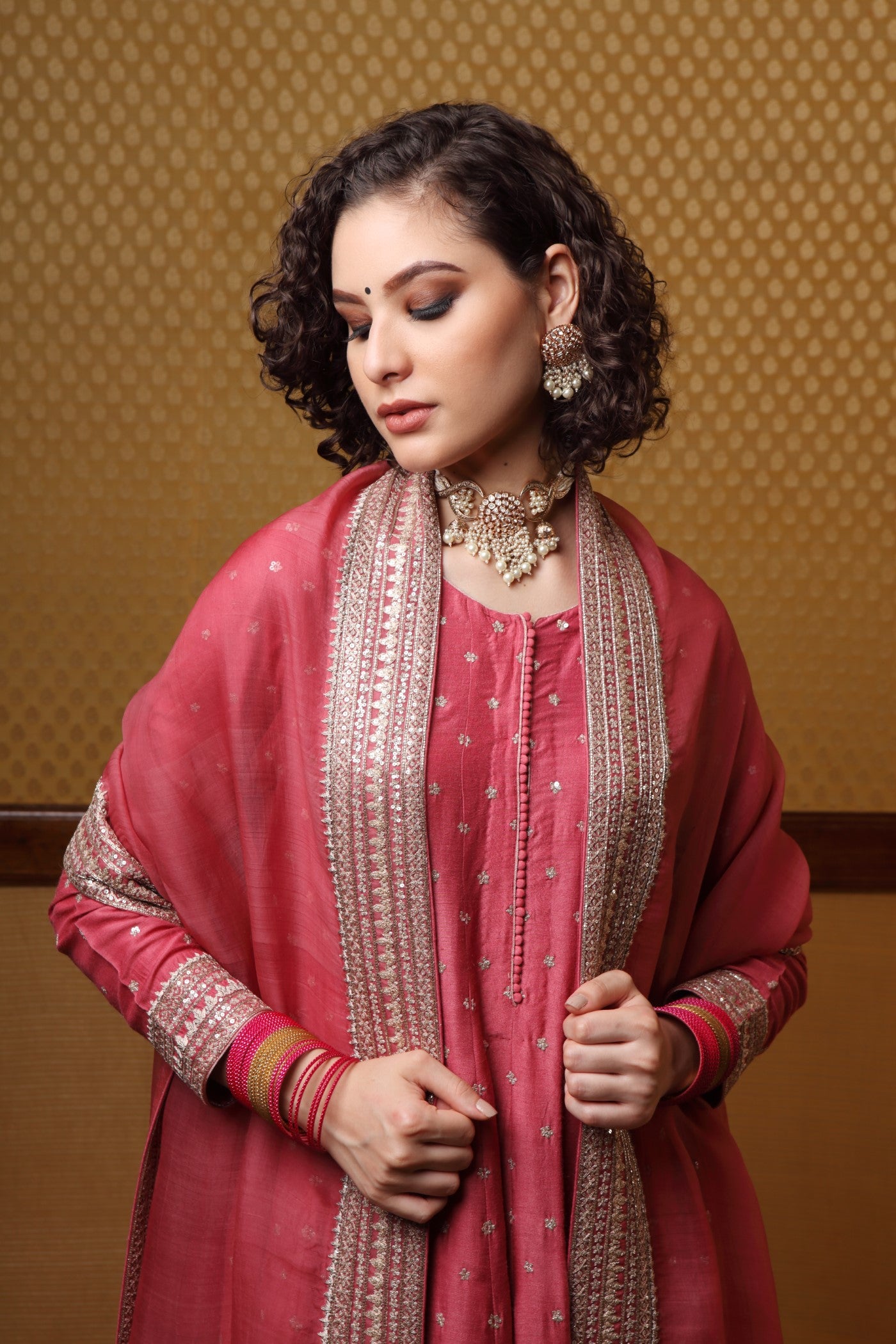 Handembroidered Dusty Tearose Pure Mugasilk Anarkalichuridaar Set