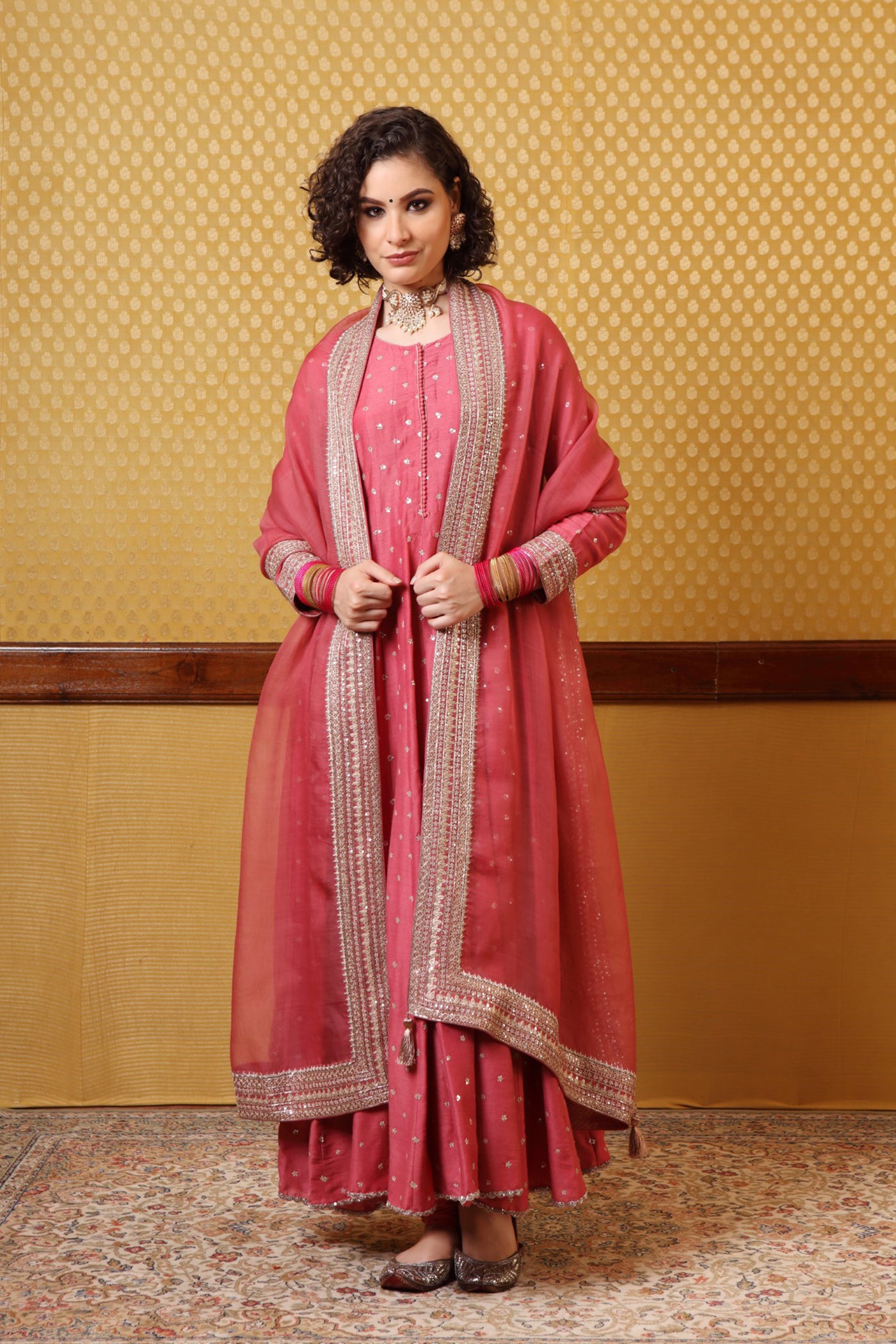 Handembroidered Dusty Tearose Pure Mugasilk Anarkalichuridaar Set