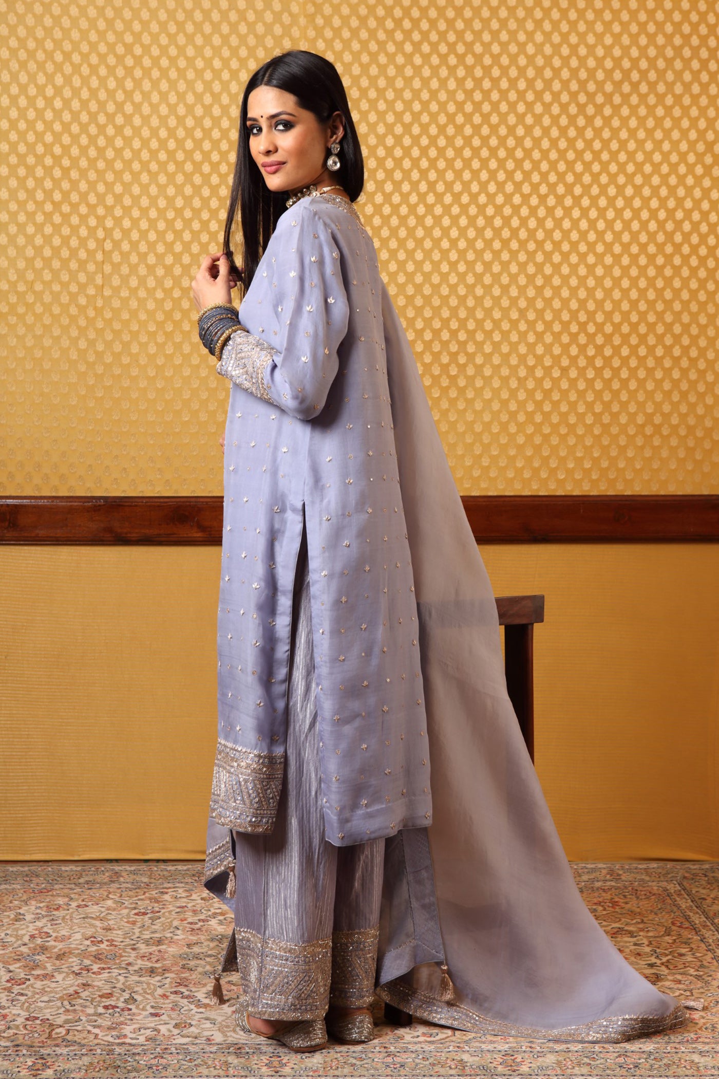 Handembroidered Lightblue Pure Katansilk Kurtafarshi Pants Set