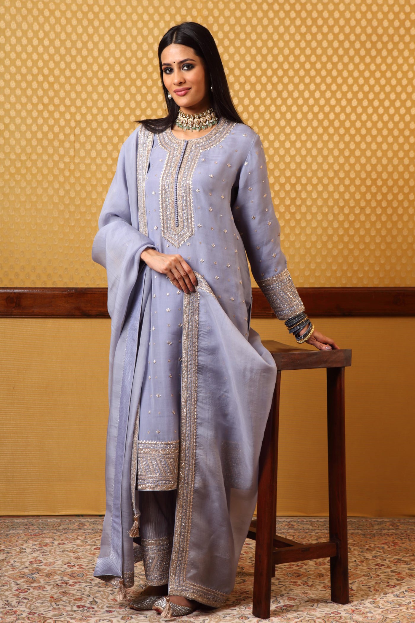 Handembroidered Lightblue Pure Katansilk Kurtafarshi Pants Set