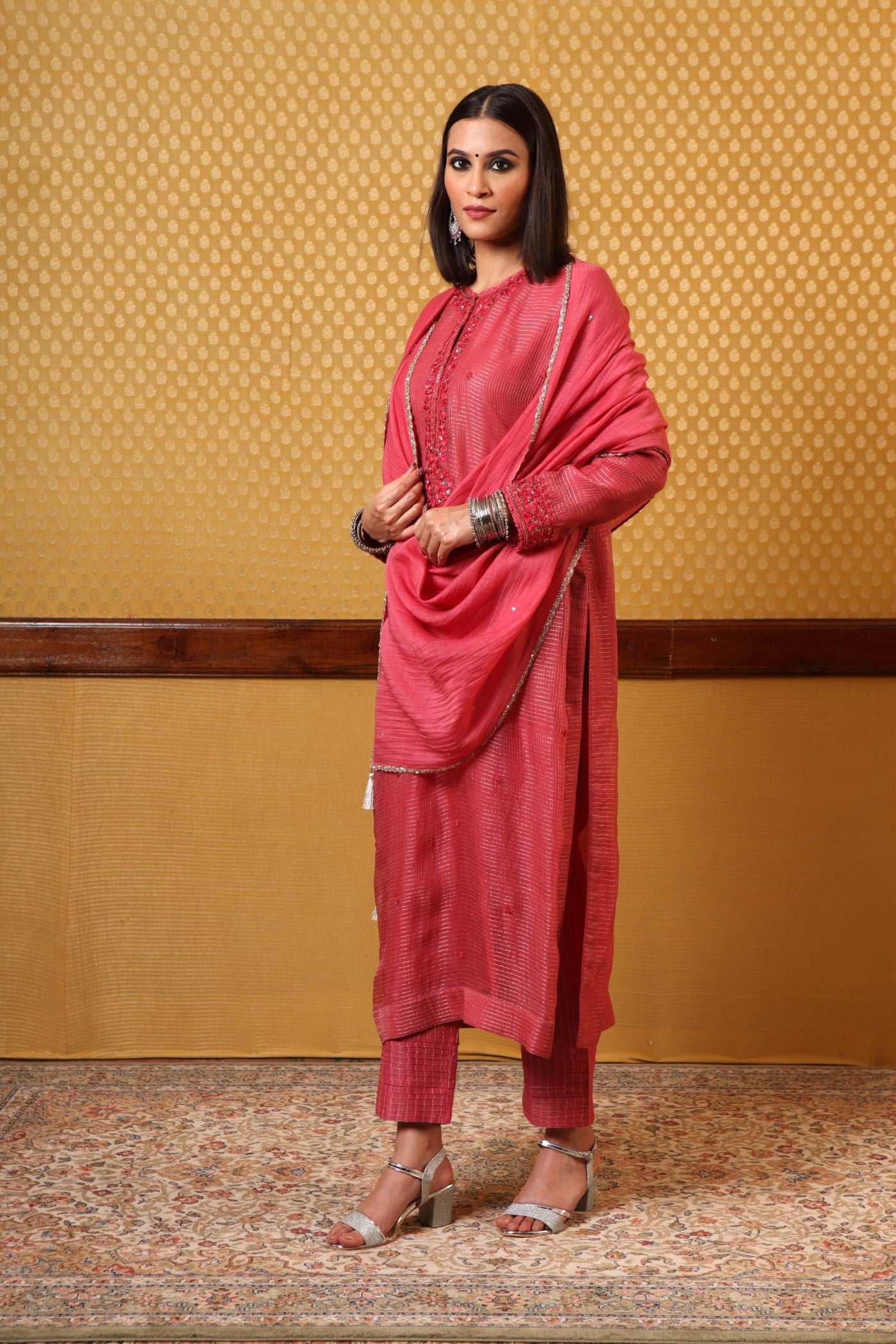 Handembroidered Cranberryred Pure Katansilk Kurtapants Set