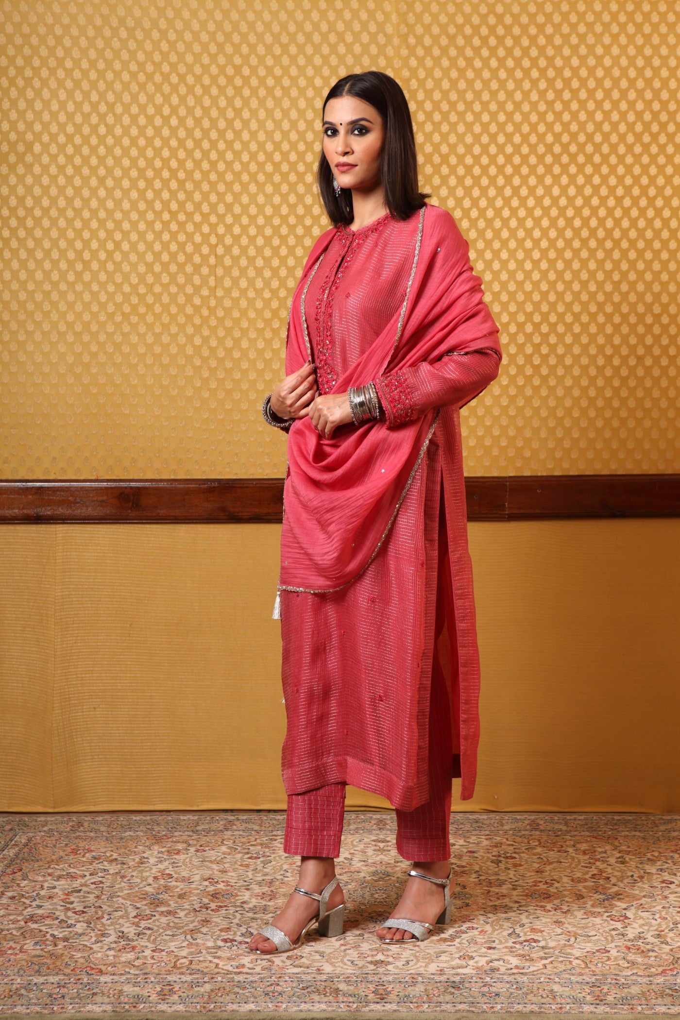 Handembroidered Cranberryred Pure Katansilk Kurtapants Set