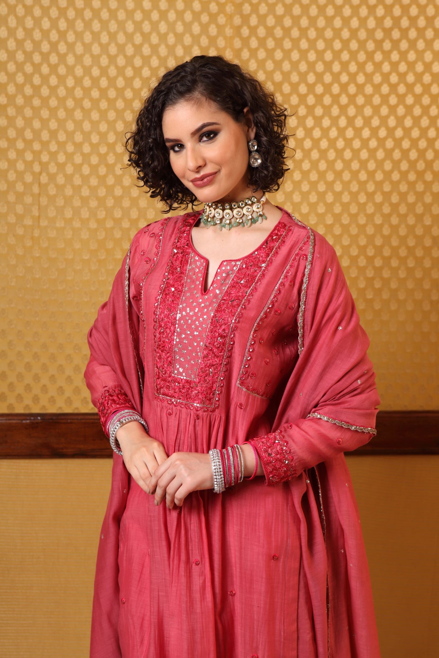 Hand Embroidered Cranberryred Pure Silkcotton Kurta Pants Set