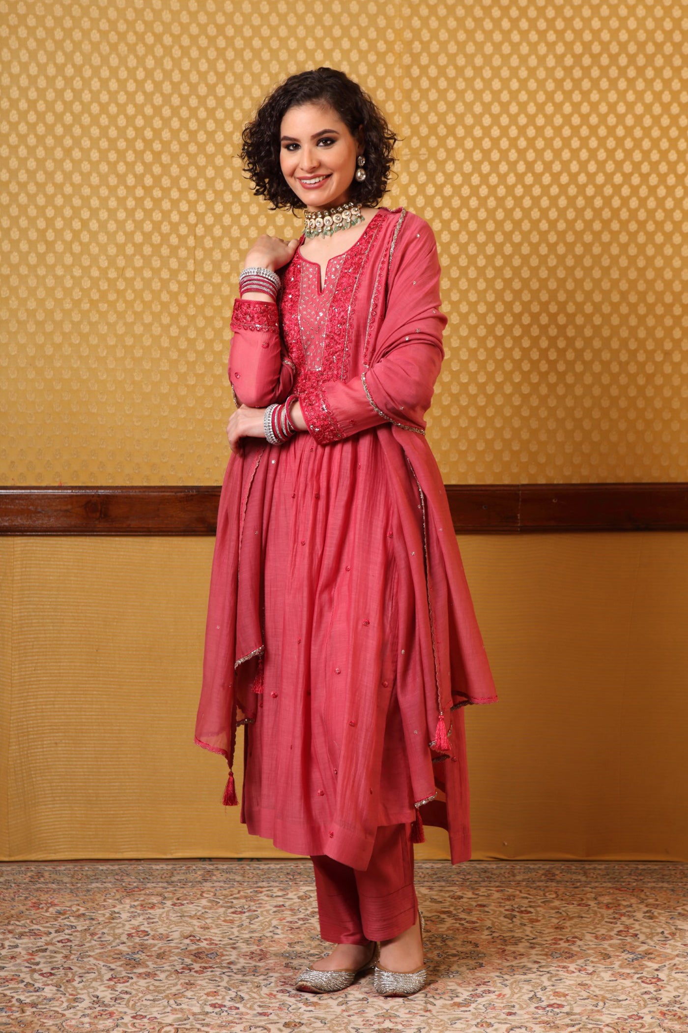 Hand Embroidered Cranberryred Pure Silkcotton Kurta Pants Set
