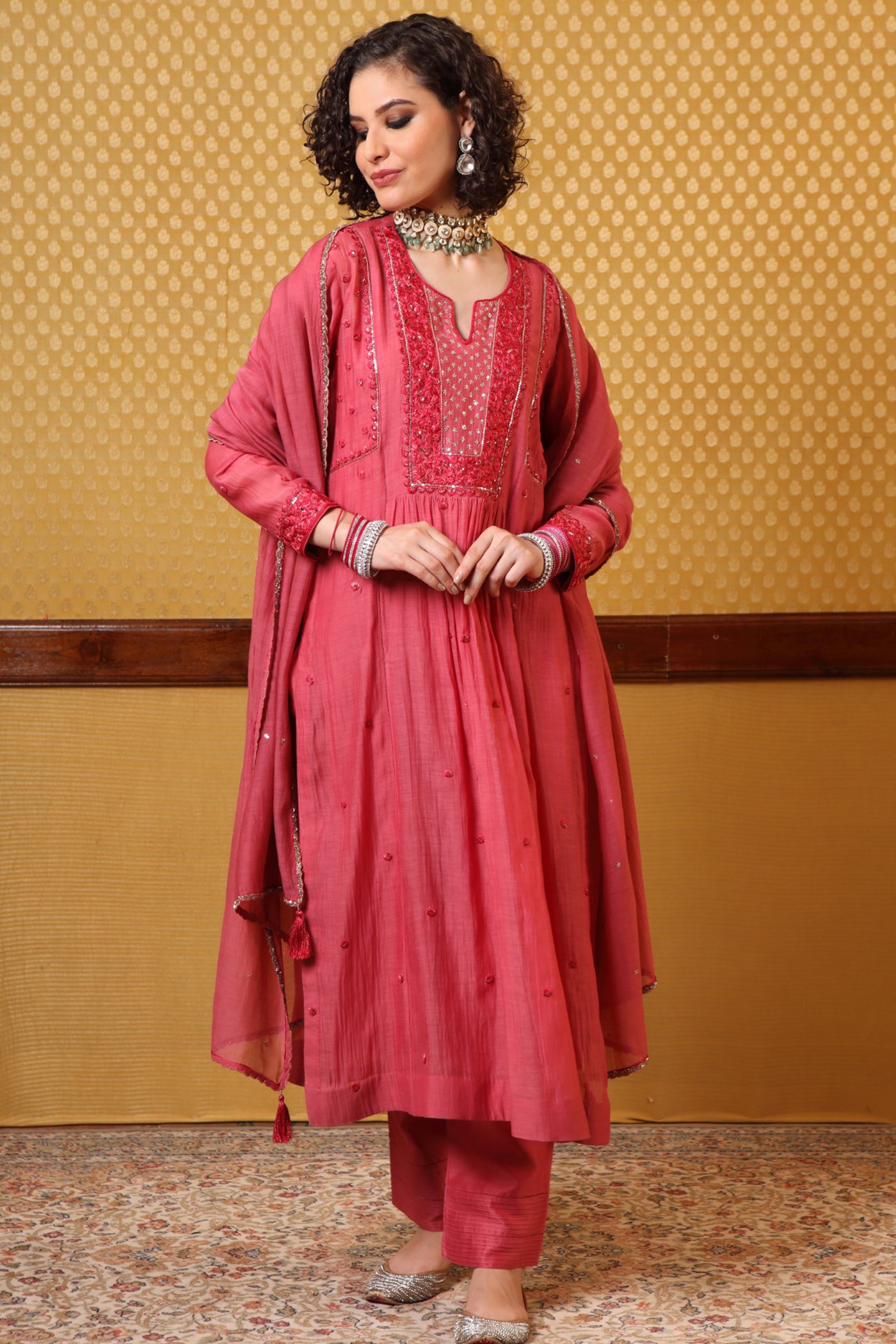 Hand Embroidered Cranberryred Pure Silkcotton Kurta Pants Set