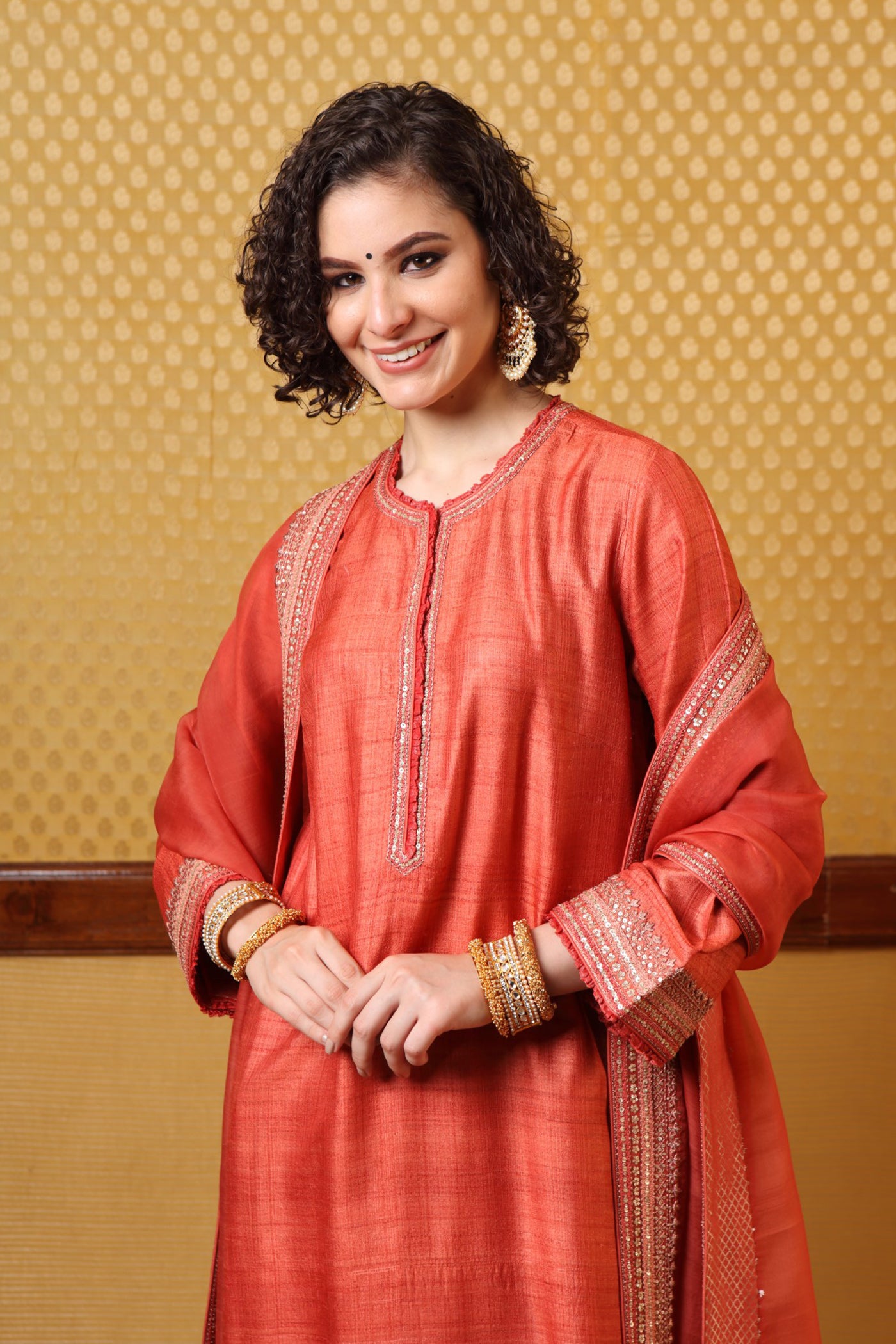 Handembroidered Burntpeach Pure Tussargeorgette Kurtapants Set