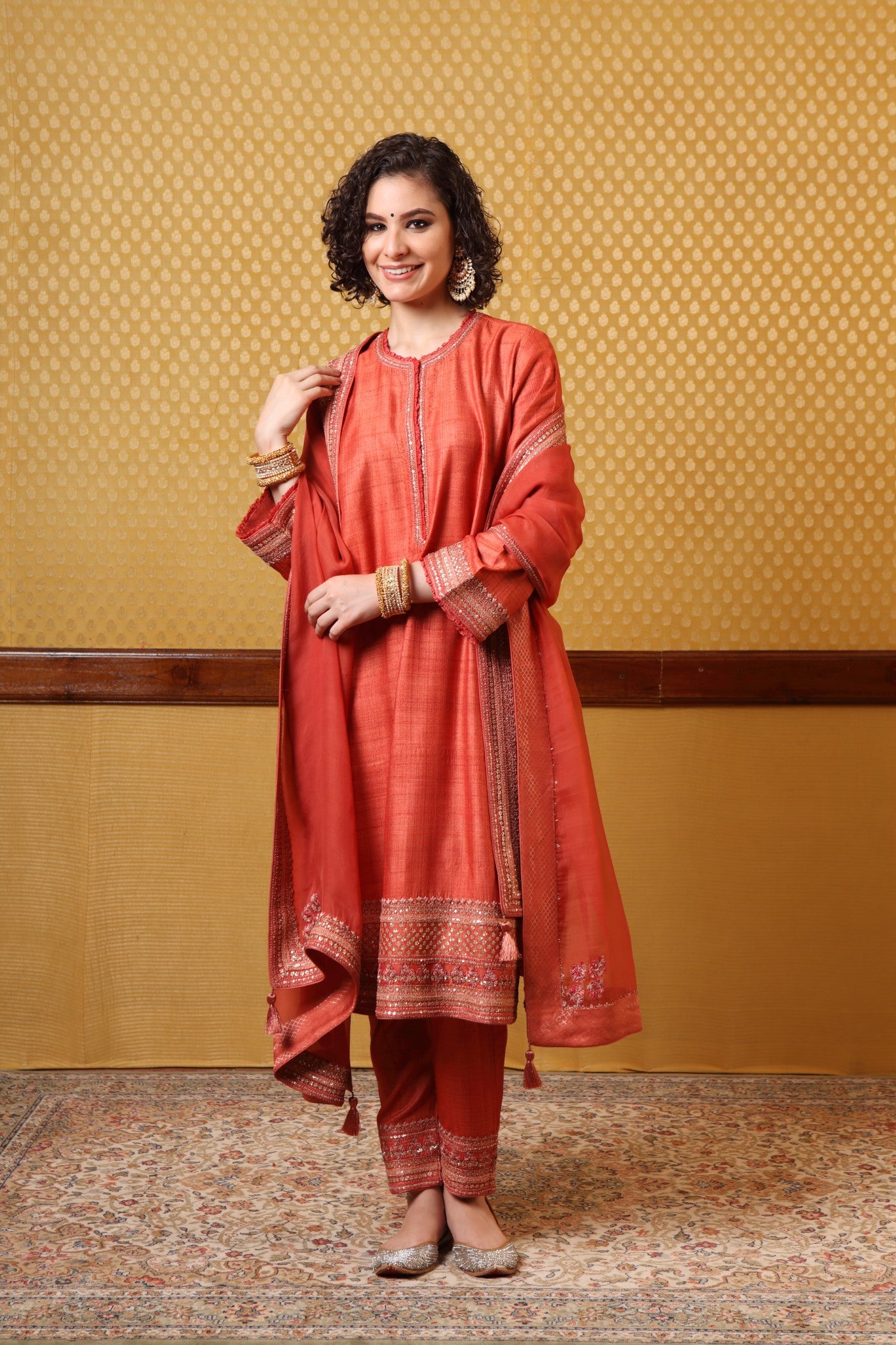 Handembroidered Burntpeach Pure Tussargeorgette Kurtapants Set