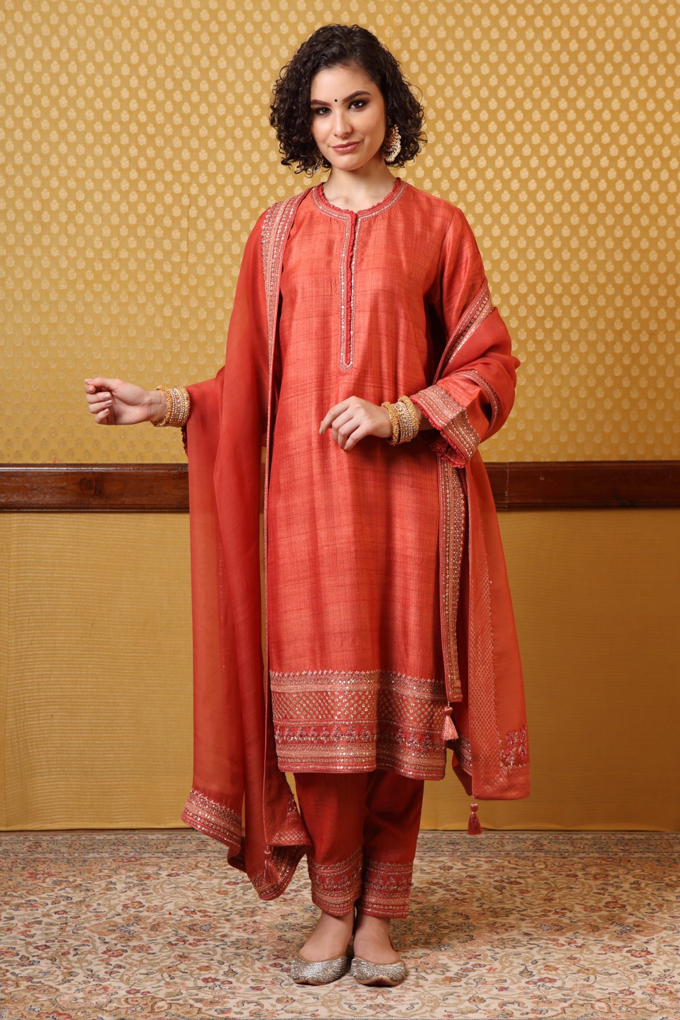 Handembroidered Burntpeach Pure Tussargeorgette Kurtapants Set