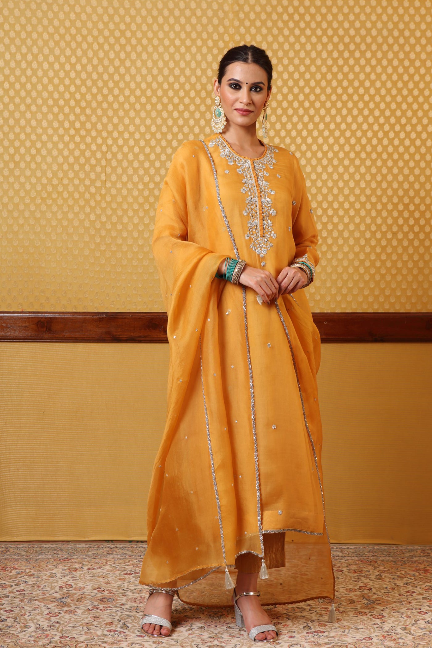 Hand Embroidered Mangoyellow Pure Katansilk Kurta Pants Set