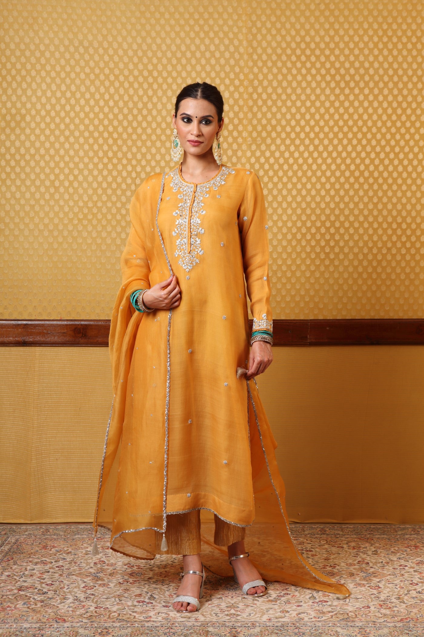 Hand Embroidered Mangoyellow Pure Katansilk Kurta Pants Set