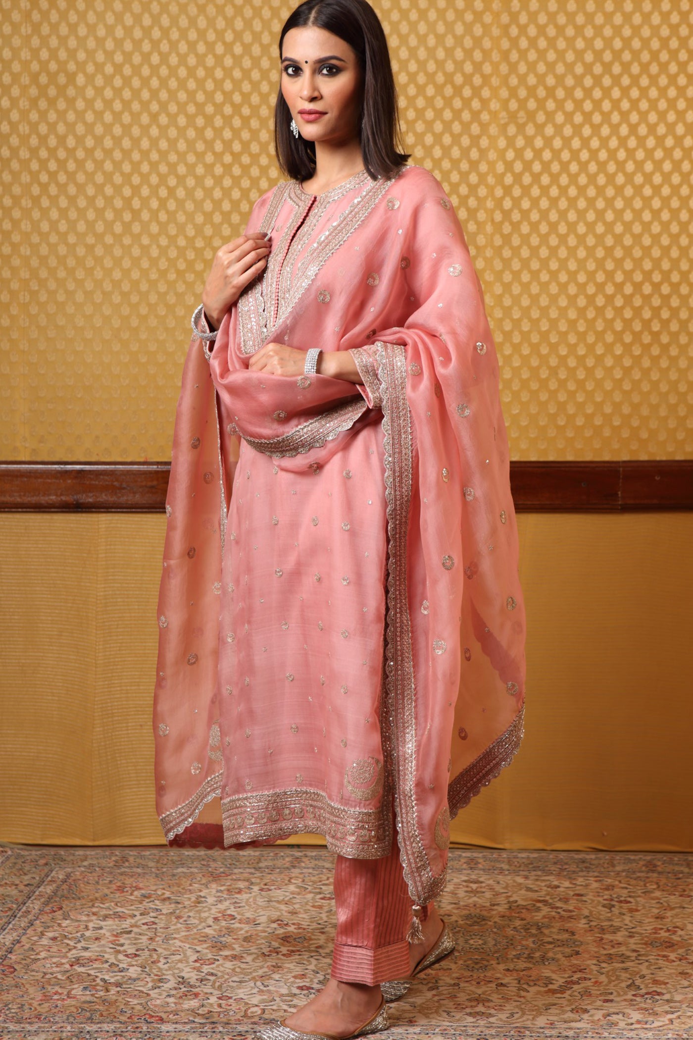 Handembroidered Dustypink Pure Katansilk Kurtapants Set