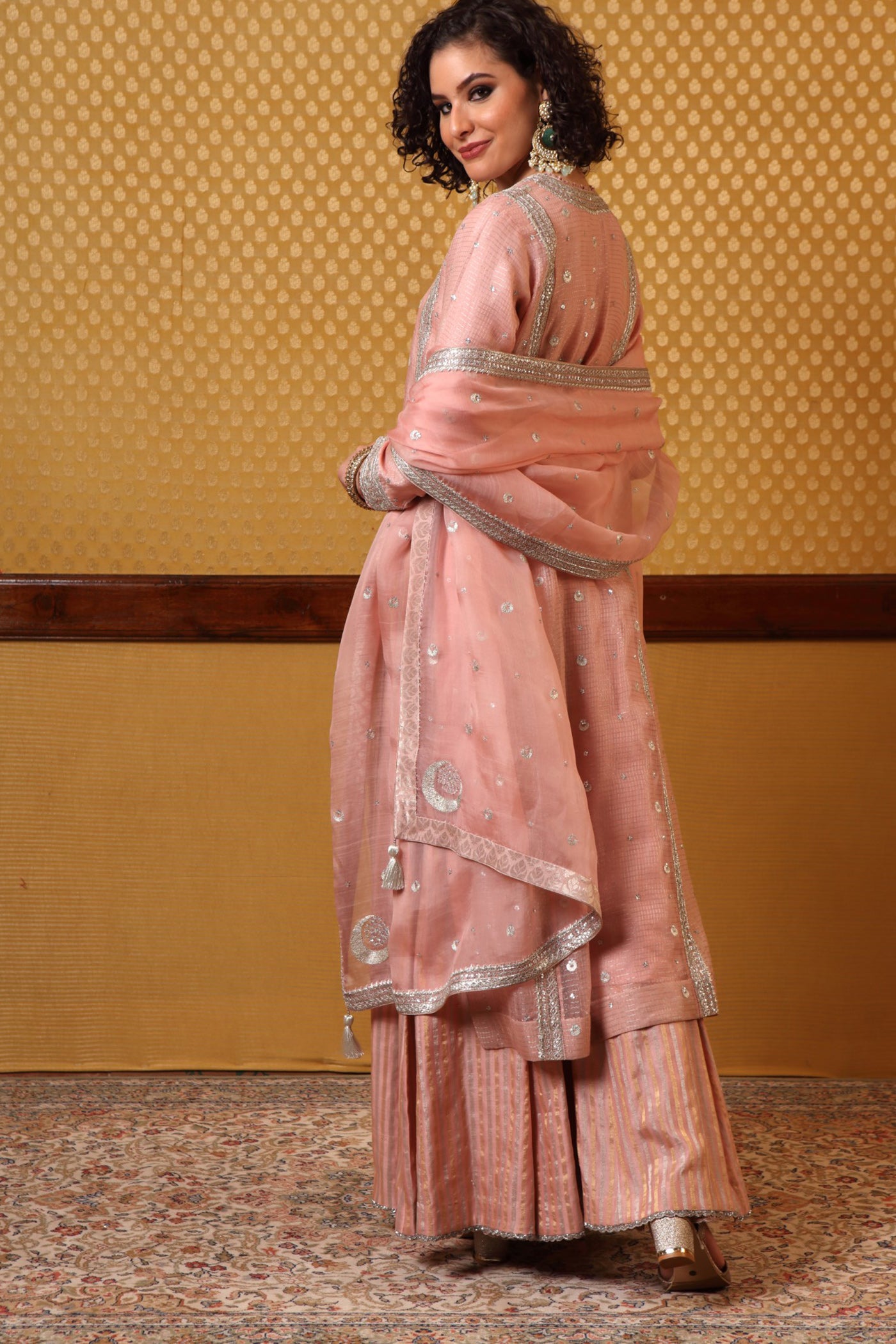 Handembroidered Babypink Kurta Sharara Set With Chand Butta