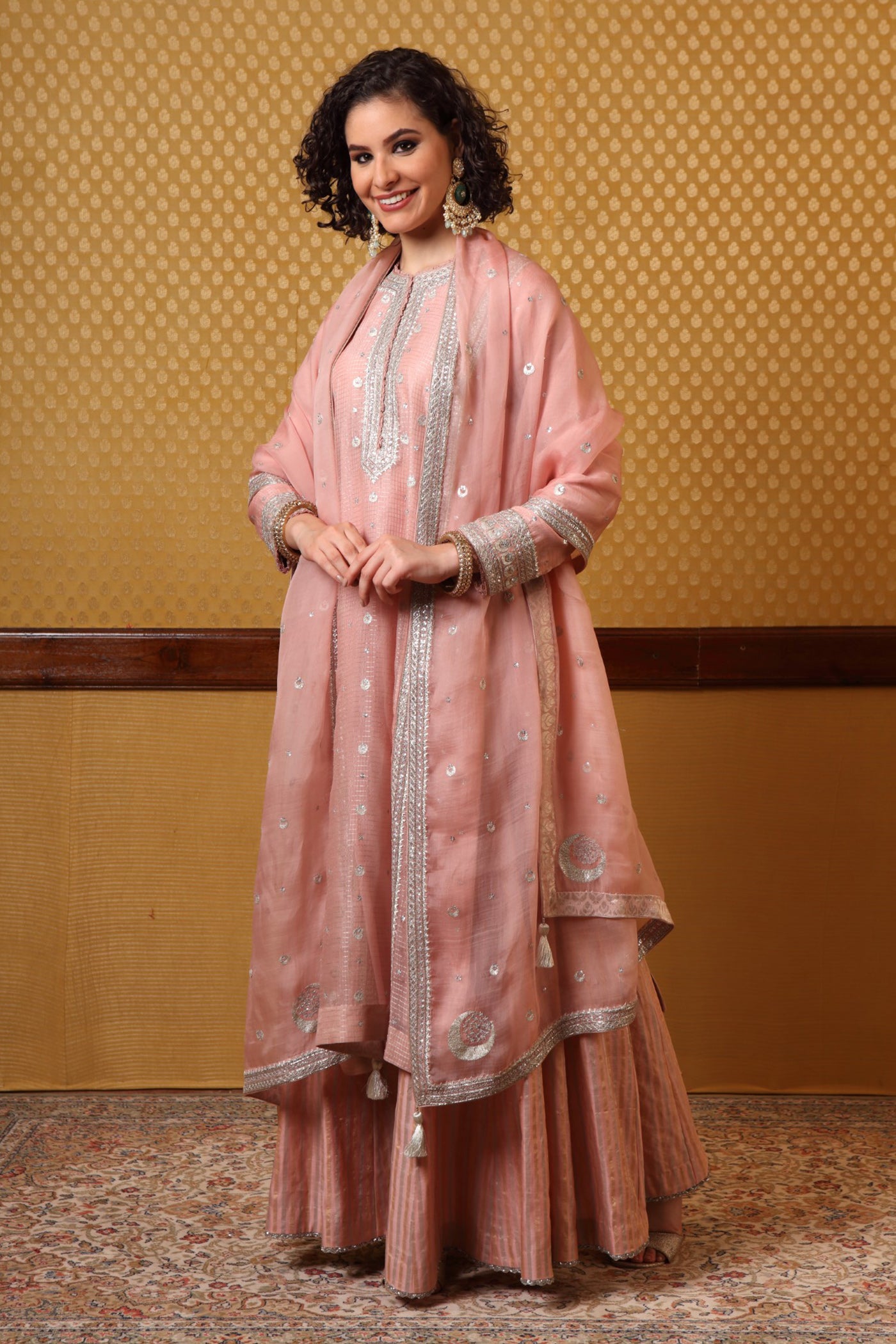 Handembroidered Babypink Kurta Sharara Set With Chand Butta