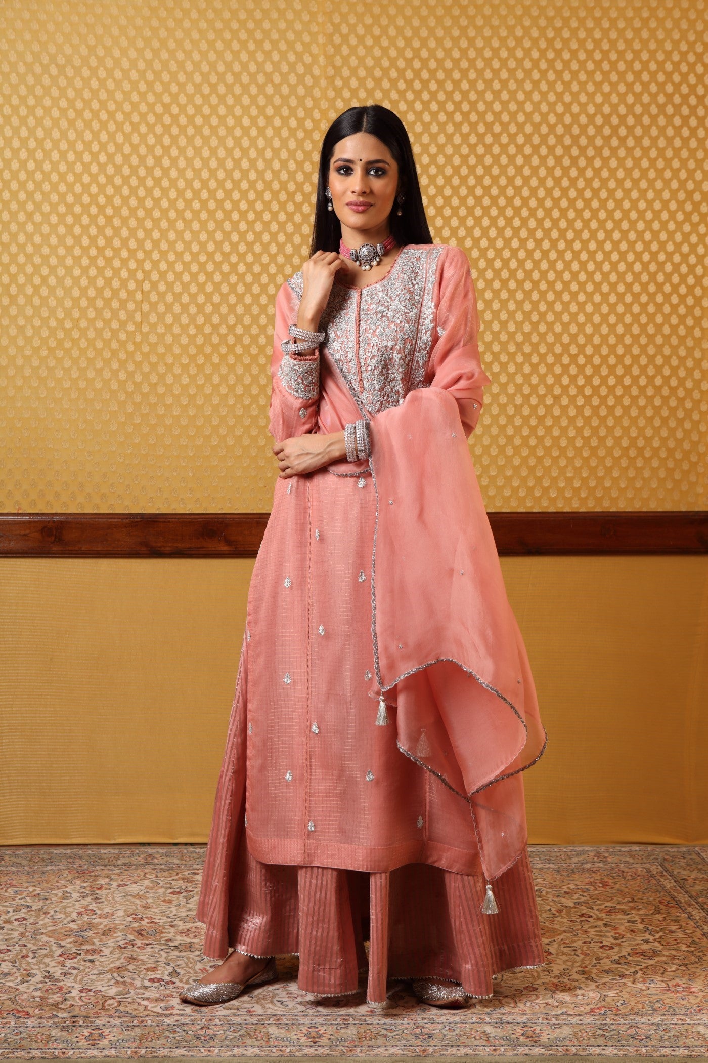 Handembroidered Peachpink Pure Katansilk Kurtasharara Set