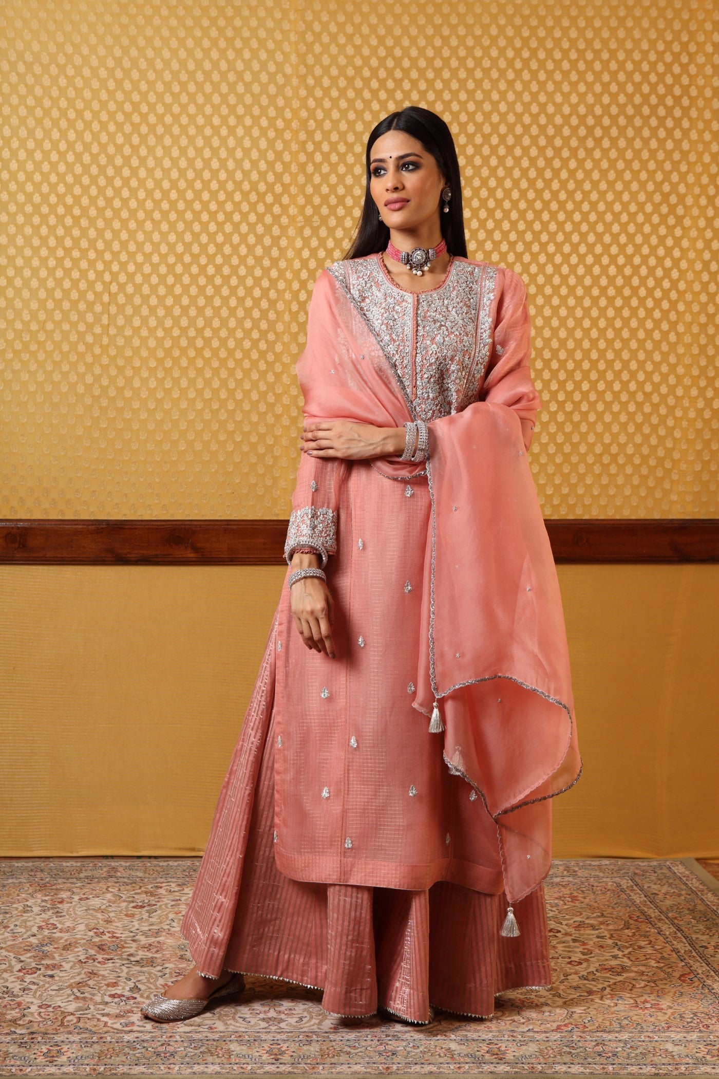 Handembroidered Peachpink Pure Katansilk Kurtasharara Set