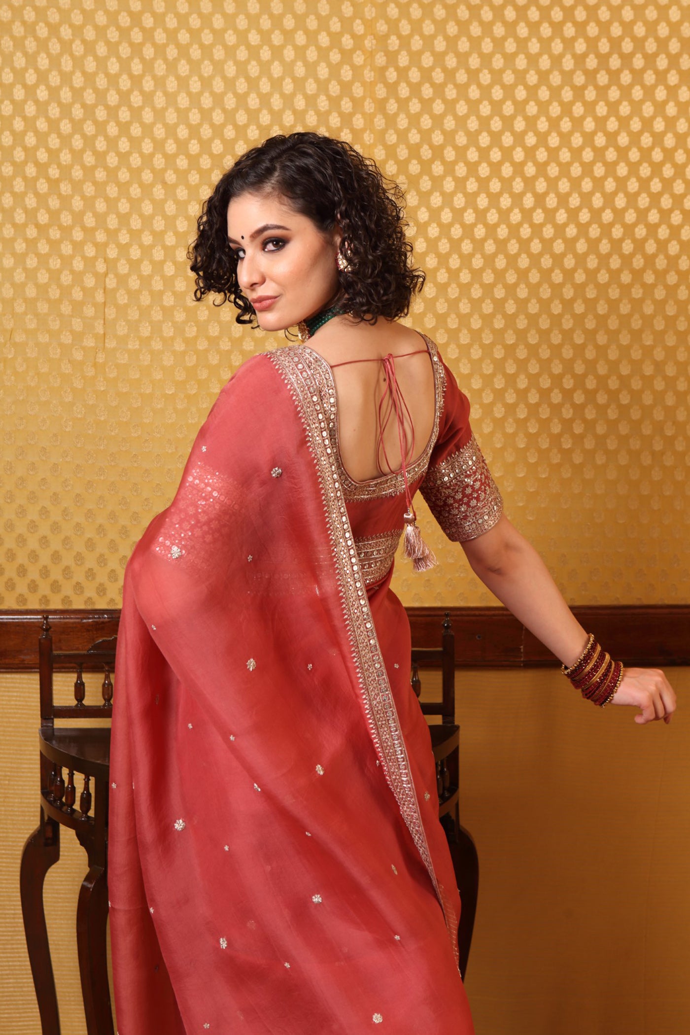 Handembroidered Cranberryred Pure Silkorganza Sareeblouse Set