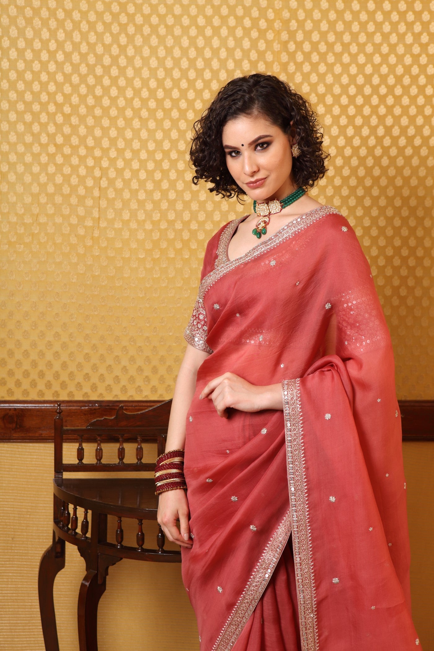 Handembroidered Cranberryred Pure Silkorganza Sareeblouse Set