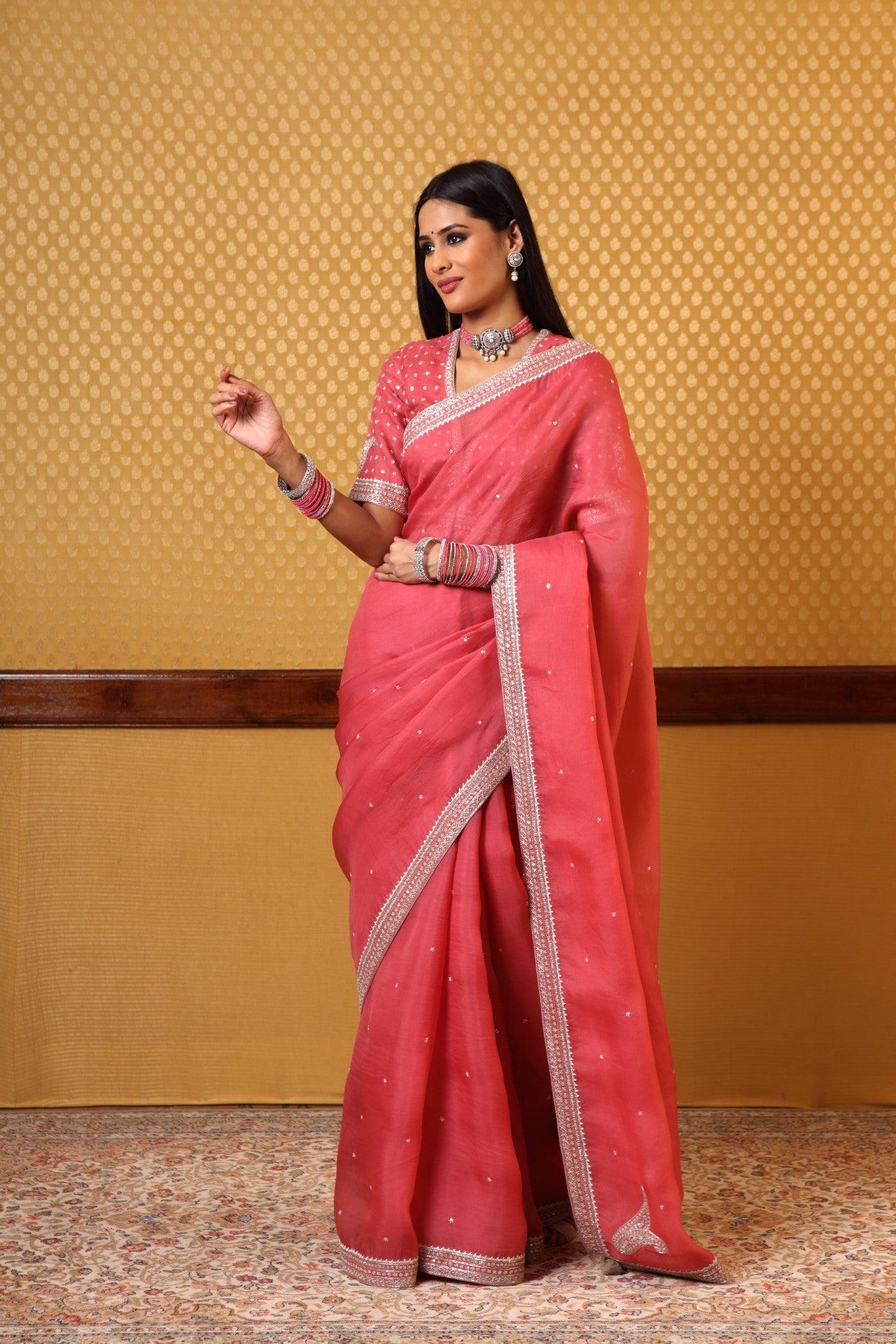 Handembroidered Flamingopink Pure Silkorganza Sareeblouse Set
