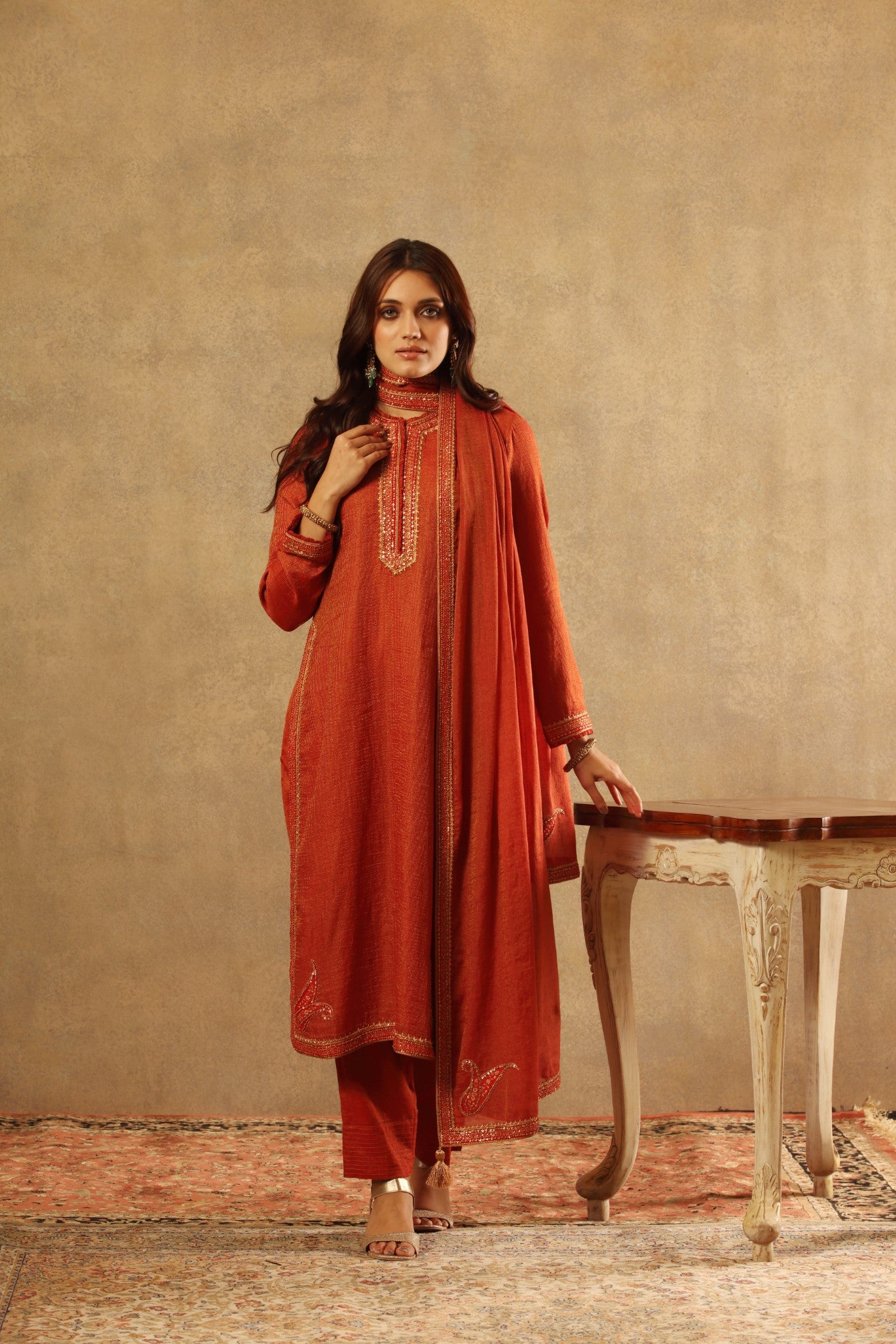 Hand Embroidered Clay Red Pure Silk Cotton Kurta Pants Set