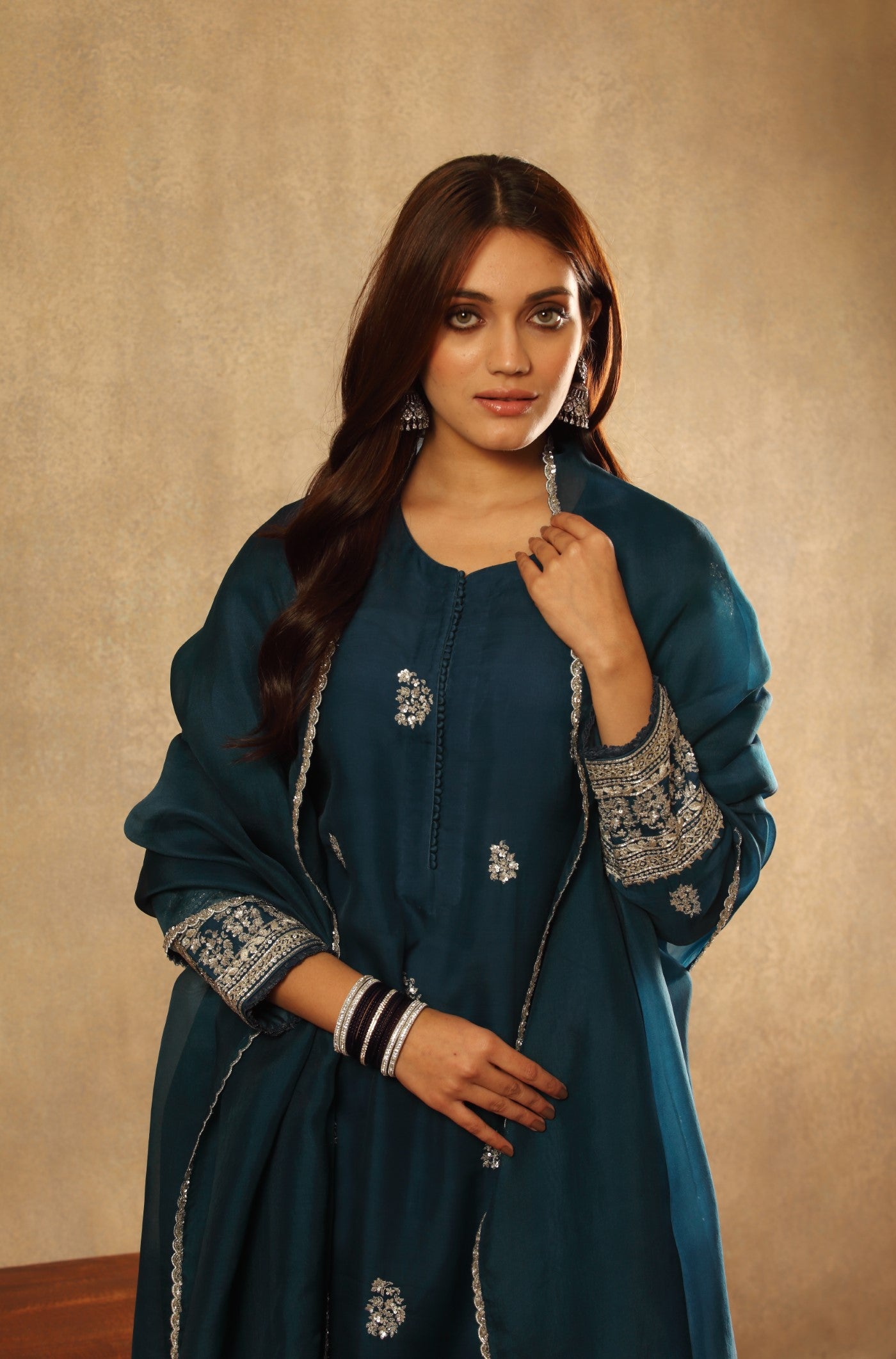 Hand Embroidered Sailor Blue Pure Katan Silk Kurta Pants Set