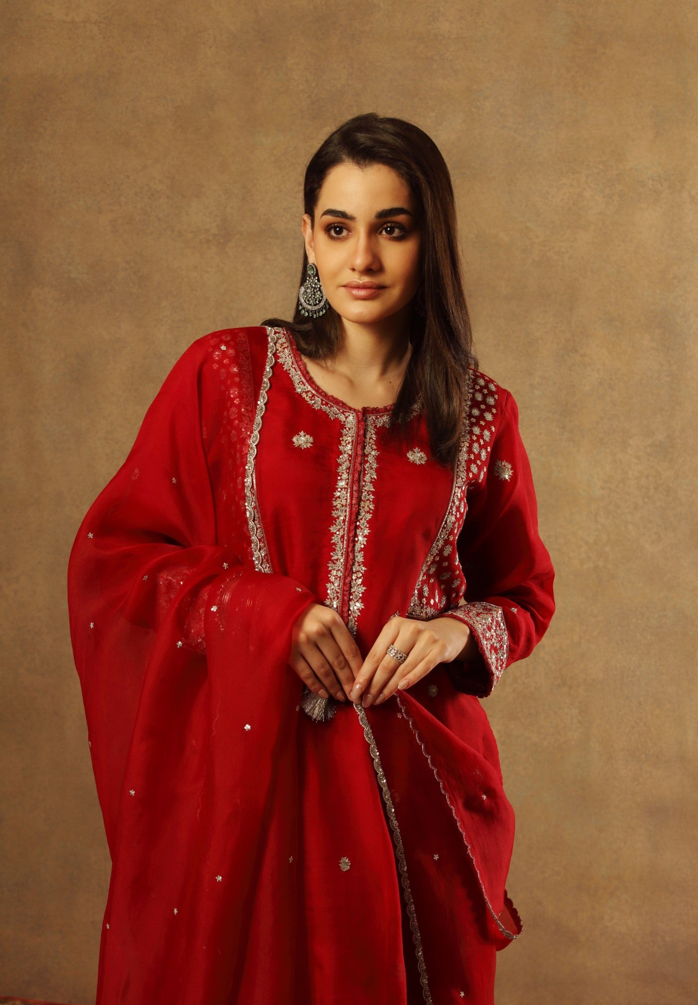 Hand Embroidered Red Maroon Pure Katan Silk Kurta Pants Set